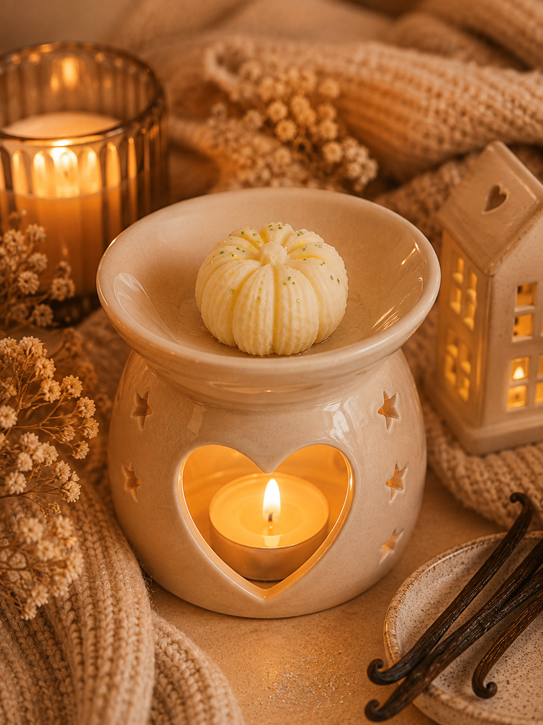 home sweet home pumpkin shape wax melt with cosy background theme.