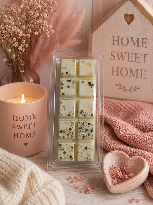 Packaged wax melts with a lit candle and decorative elements on a wooden surface.