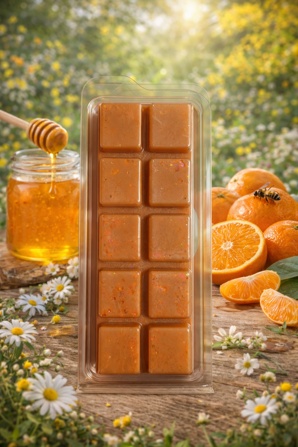 Honey Clementine wax melts with honey, oranges, and a honey dipper on a wooden surface with a natural background.
