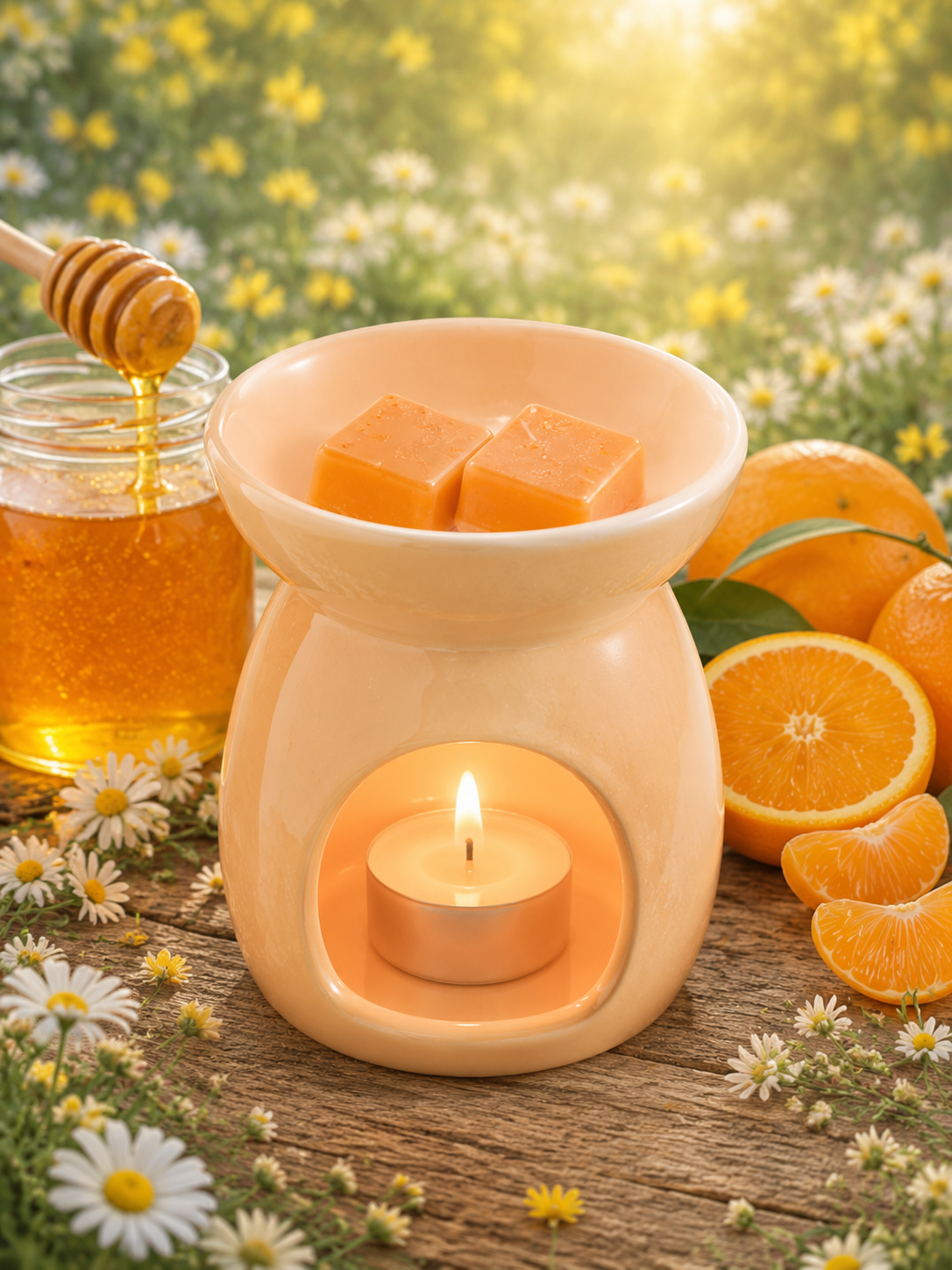 Honey clementine wax melts in peach burner with matching background.