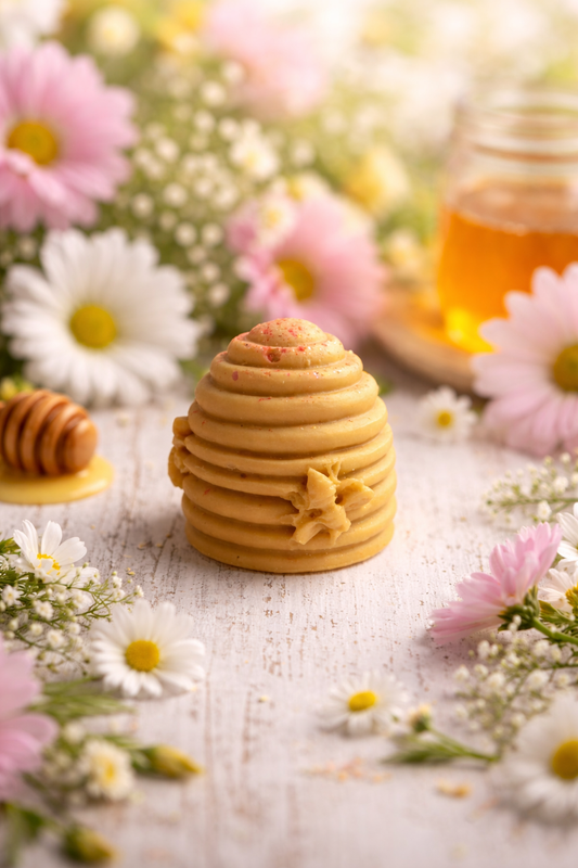 Honeycomb-shaped wax melt with flowers and a jar of honey in the background