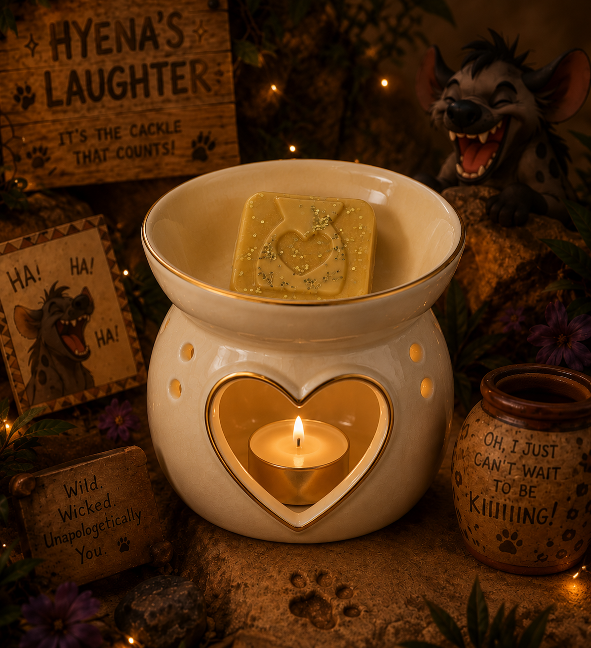 A ceramic heart-shaped wax warmer with a gold-toned inner heart wax melt and a small lit tealight candle inside, styled on a rustic surface with paw-print decorations, a soap bar, and themed props in a warm cozy setting.