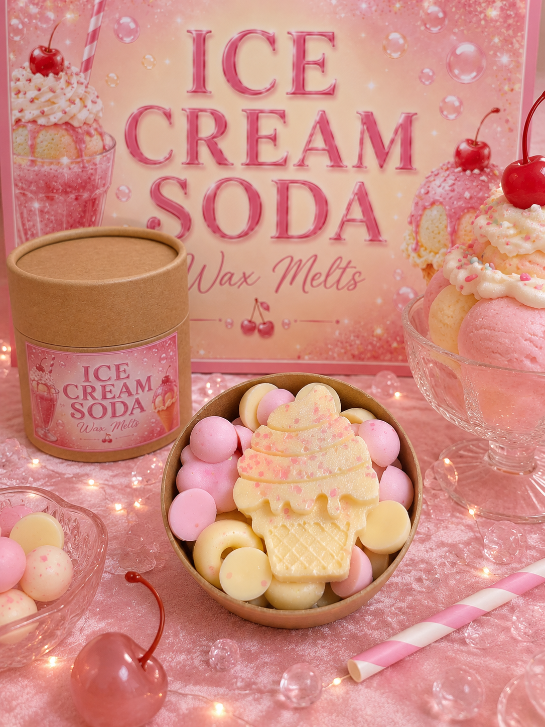 Ice cream soda wax melts with packaging and candy on a pink background