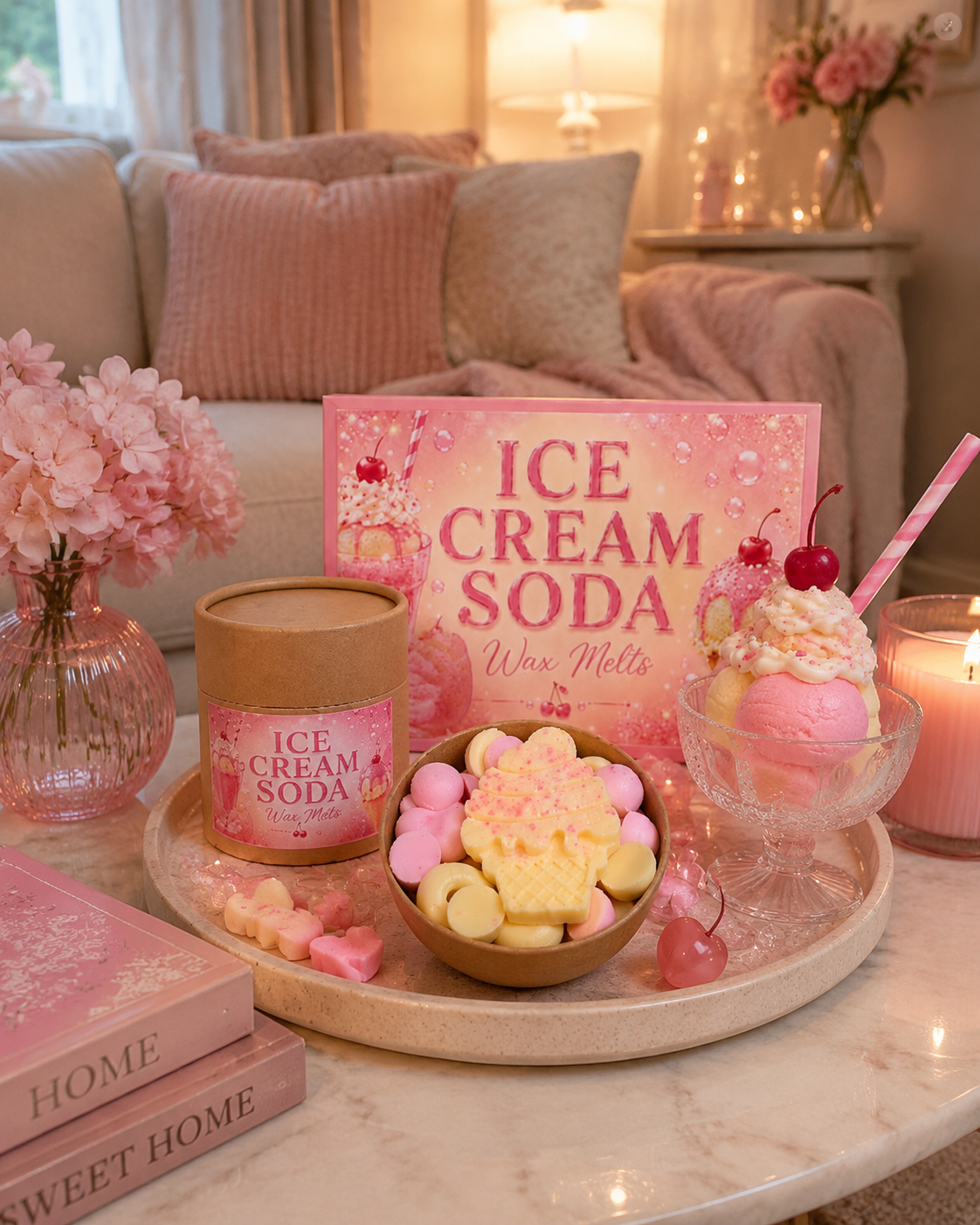 Ice cream soda wax melta scoopies in home with pink and cream decor.