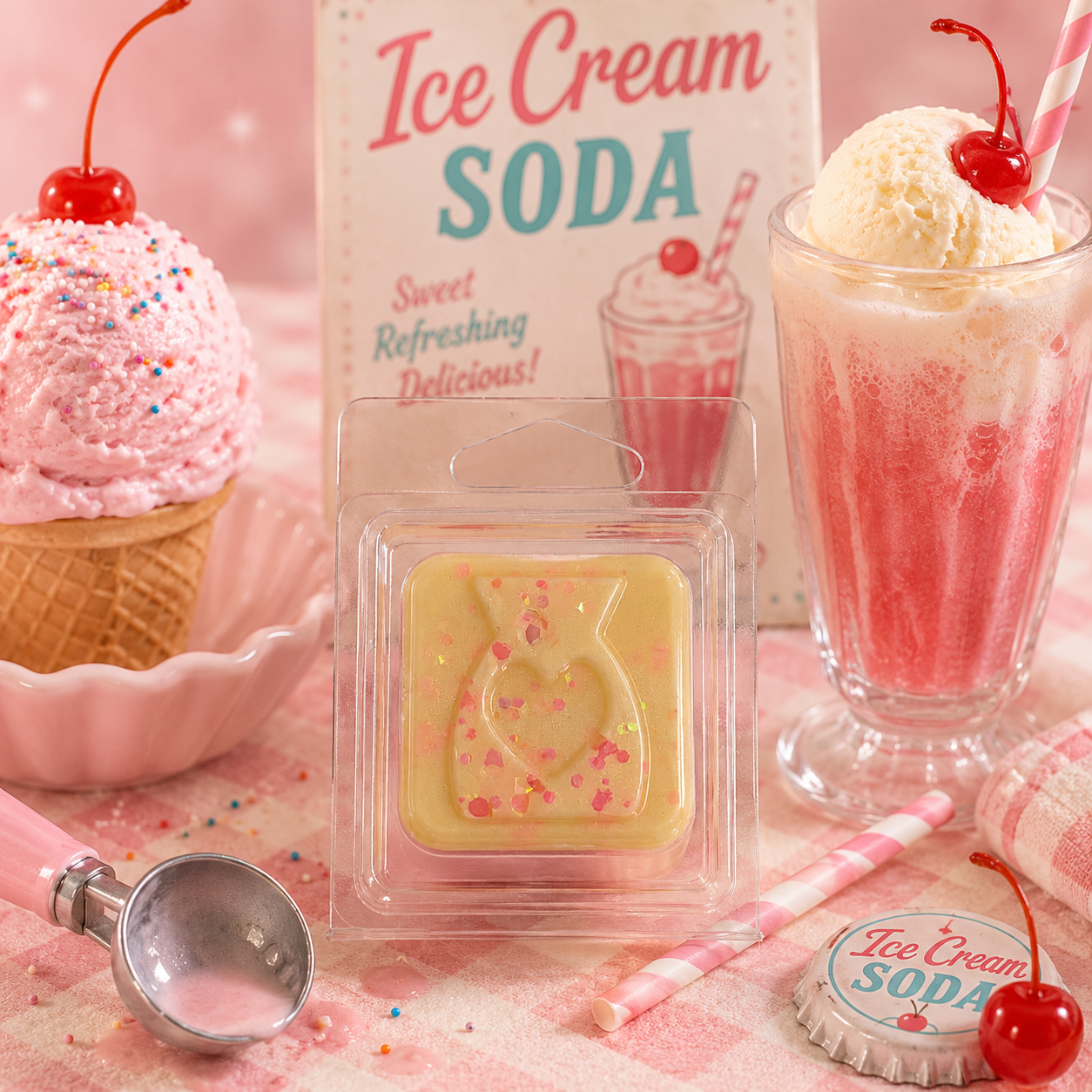 Packaged ice cream soda wax melt with ice cream and soda-themed decor on a pink background