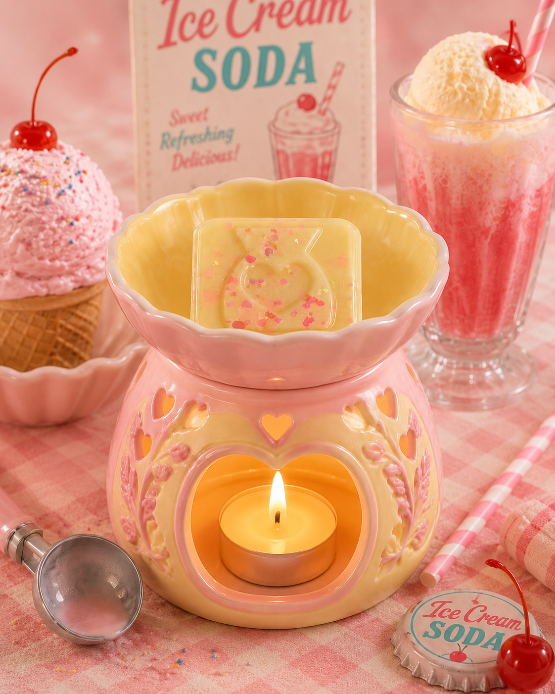 Ice cream soda wax melt sample in burner surrounded by ice cream and soda. 