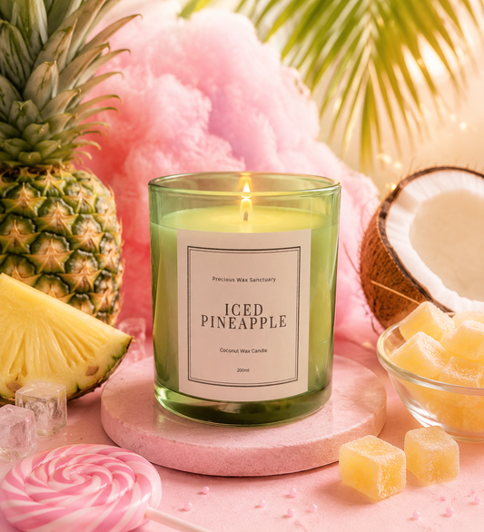 Iced pineapple candle lit on matching background.