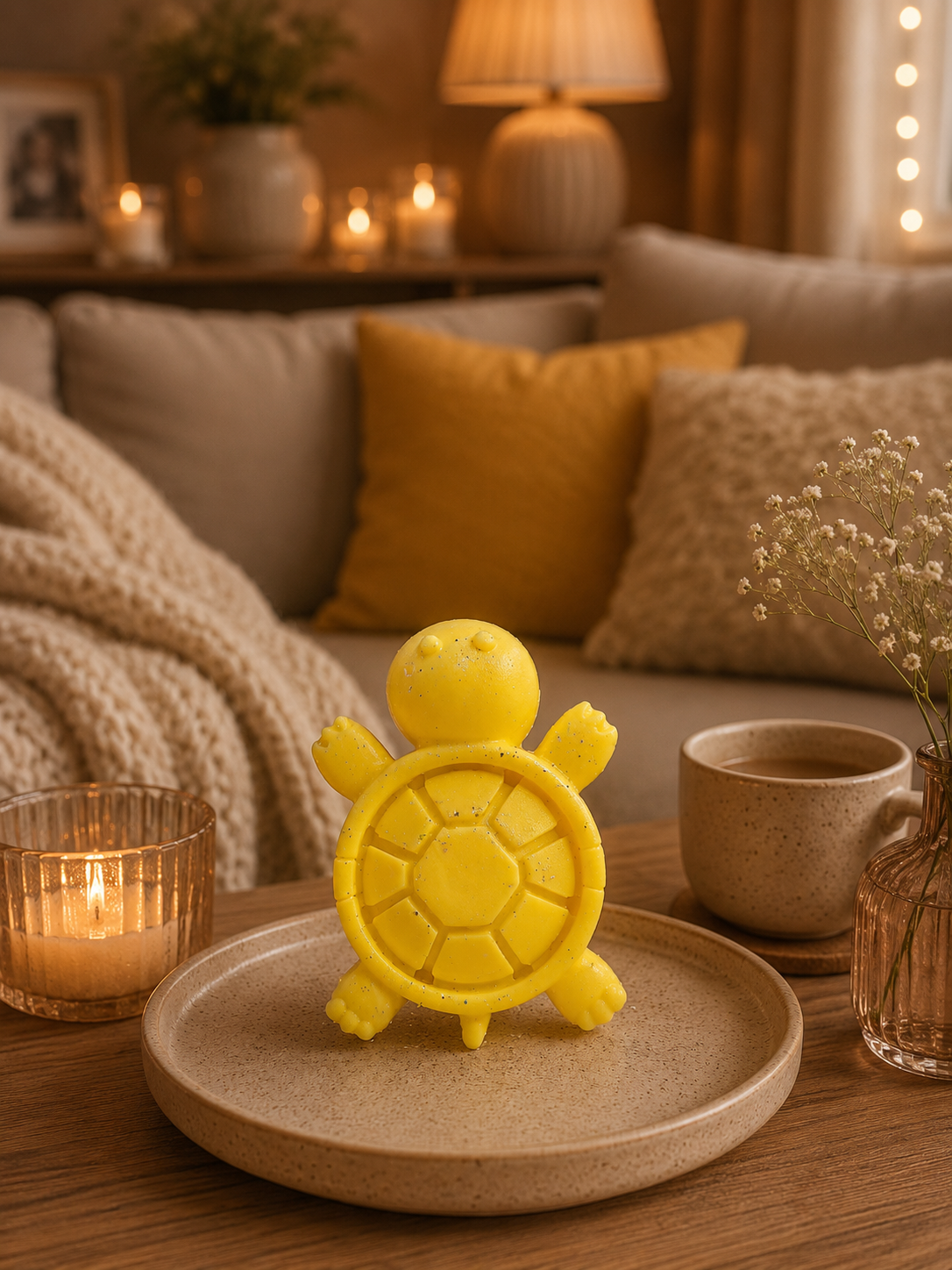 A small yellow turtle-shaped wax melt sits centered on a round beige tray on a wooden table in a cozy living room setting with candles, pillows, and a mug.