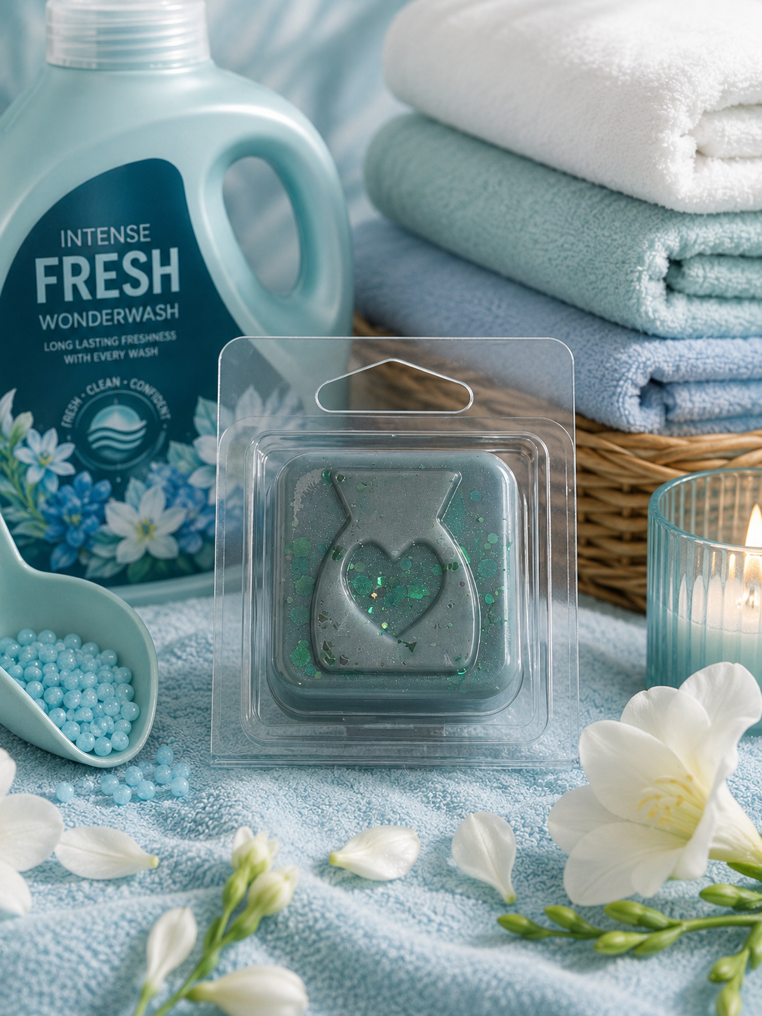 Packaged product with a heart wax melt design on a blue surface with flowers and laundry detergent in the background.