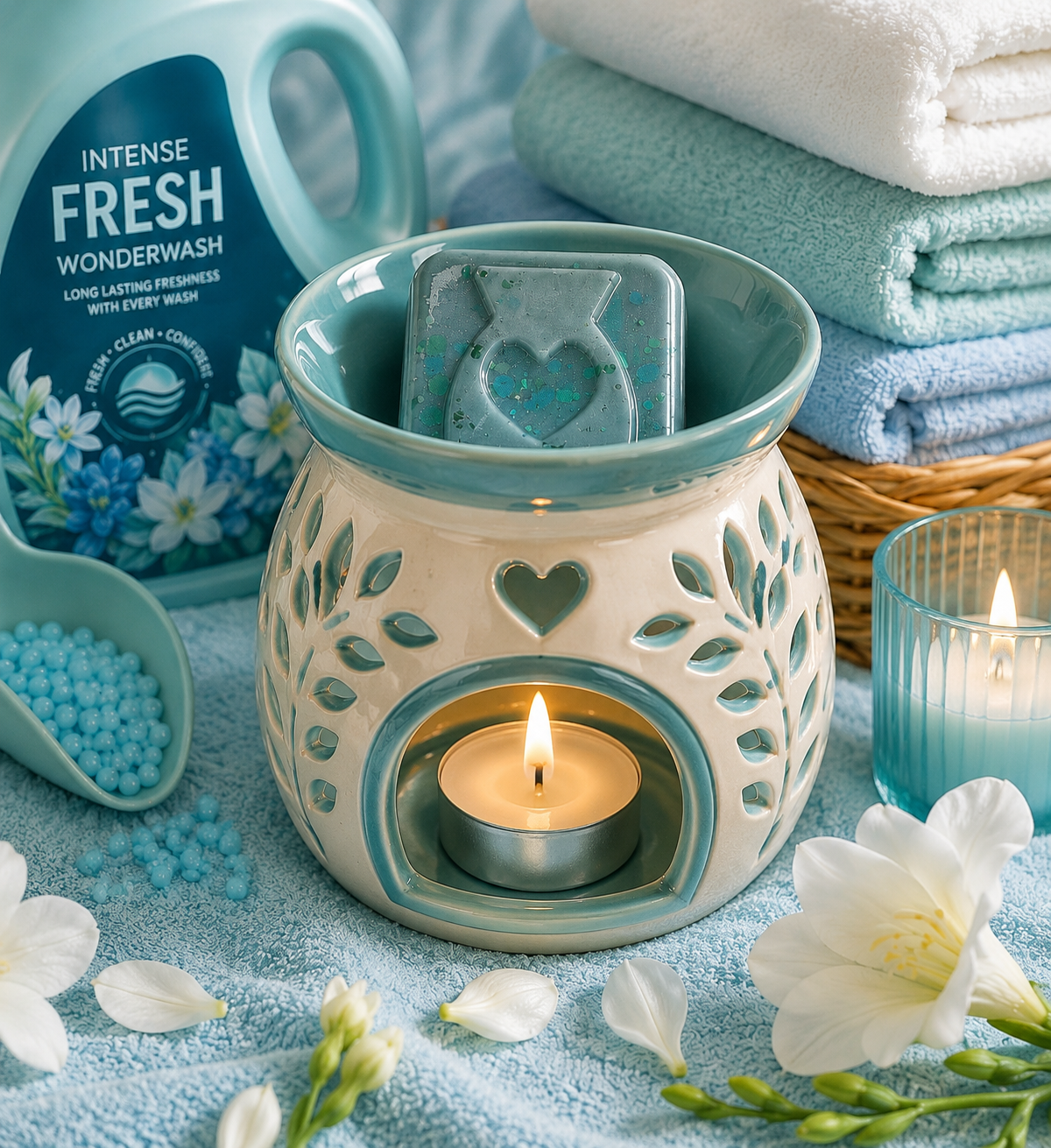 A ceramic wax warmer with a teal tea light candle lit inside with wax melt, styled with folded towels, a blue scented soap bottle, a small blue candle, and white flowers on a soft blue fabric background.