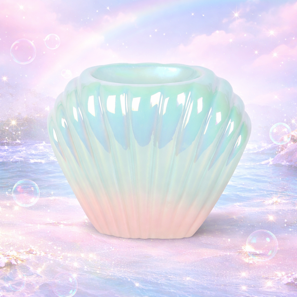 Opaline glass wax warmer with a pastel gradient on a soft, blurred background