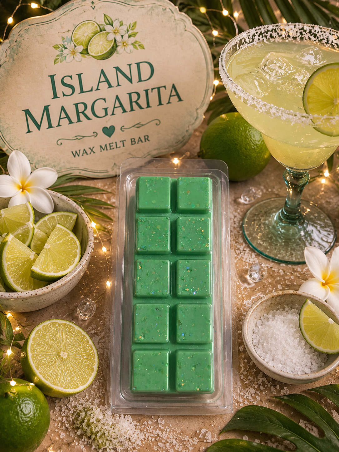 Island Margarita wax melt bar with lime slices and a cocktail on a decorative background