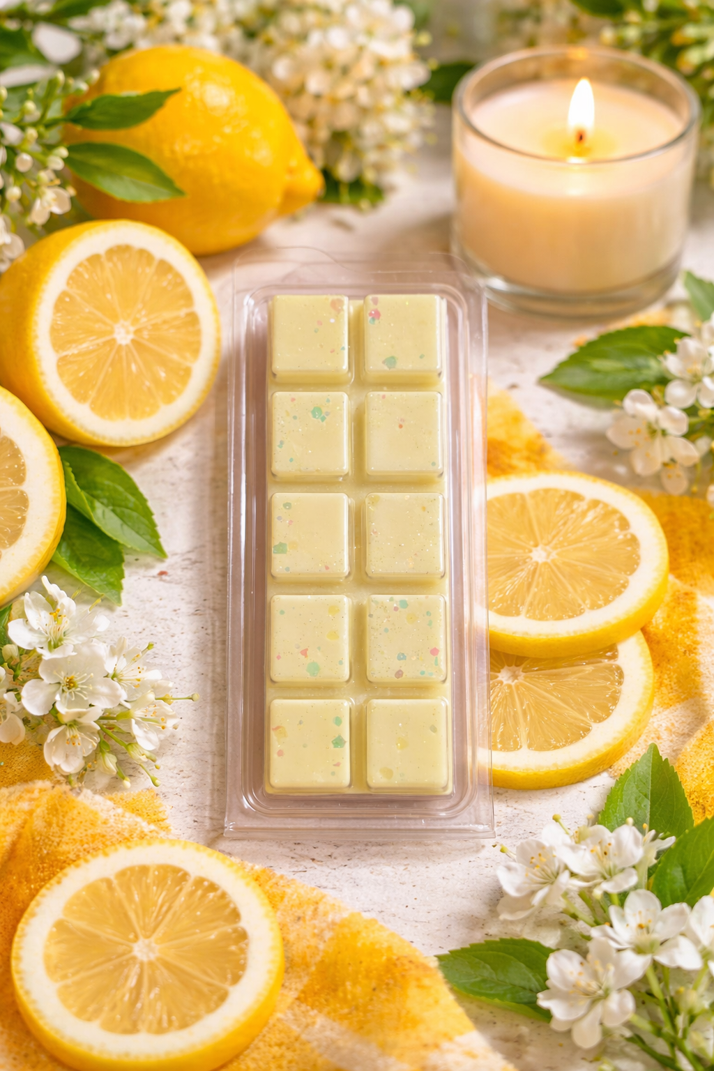 Packaged lemon scented wax melts with lemons and a candle on a decorative surface.