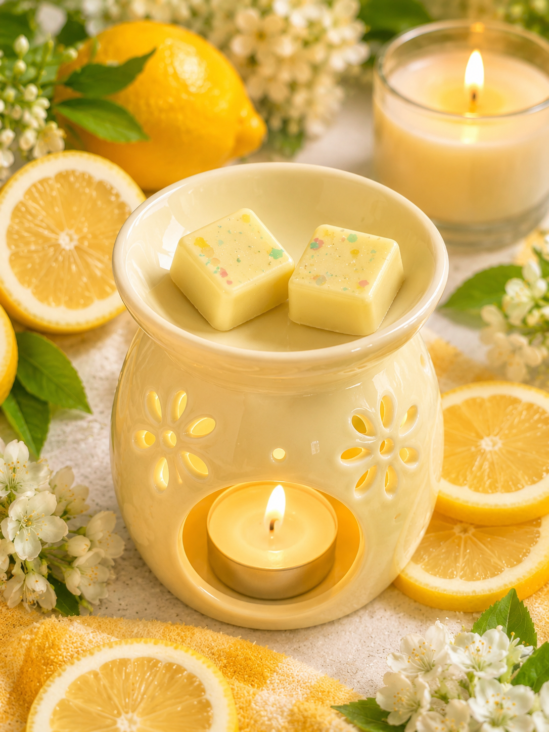 lemon wax melts in burner with matching background theme.