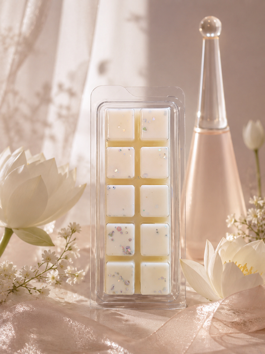 Izza Her Soy wax melt bar with floral perfume background theme.
