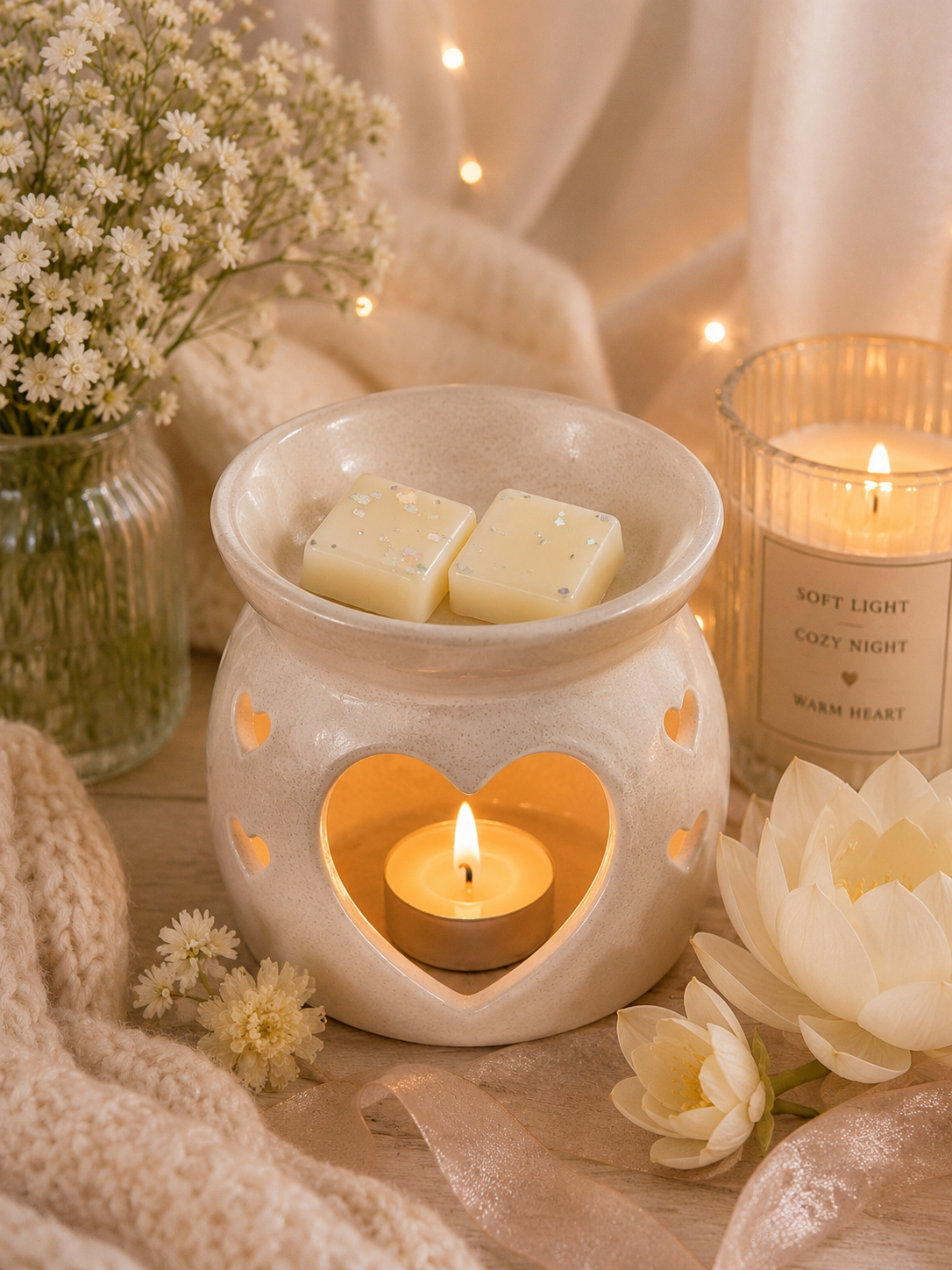 A ceramic wax warmer with a heart-shaped cutout, lit with a small tealight candle inside, holding two cream wax cubes. The scene is styled with white flowers, a knitted beige scarf, and a glass jar candle labeled 'SOFT LIGHT COZY NIGHT WARM HEART'.