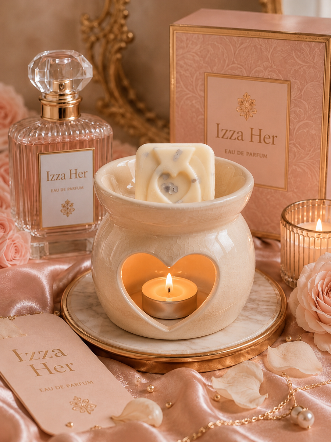 A styled product display featuring an Izza Her Eau de Parfum bottle, a matching pink gift box, a cream-colored heart-shaped wax warmer with a lit tealight candle inside, a wax melt, and a small lit candle on pink satin fabric with rose petals.