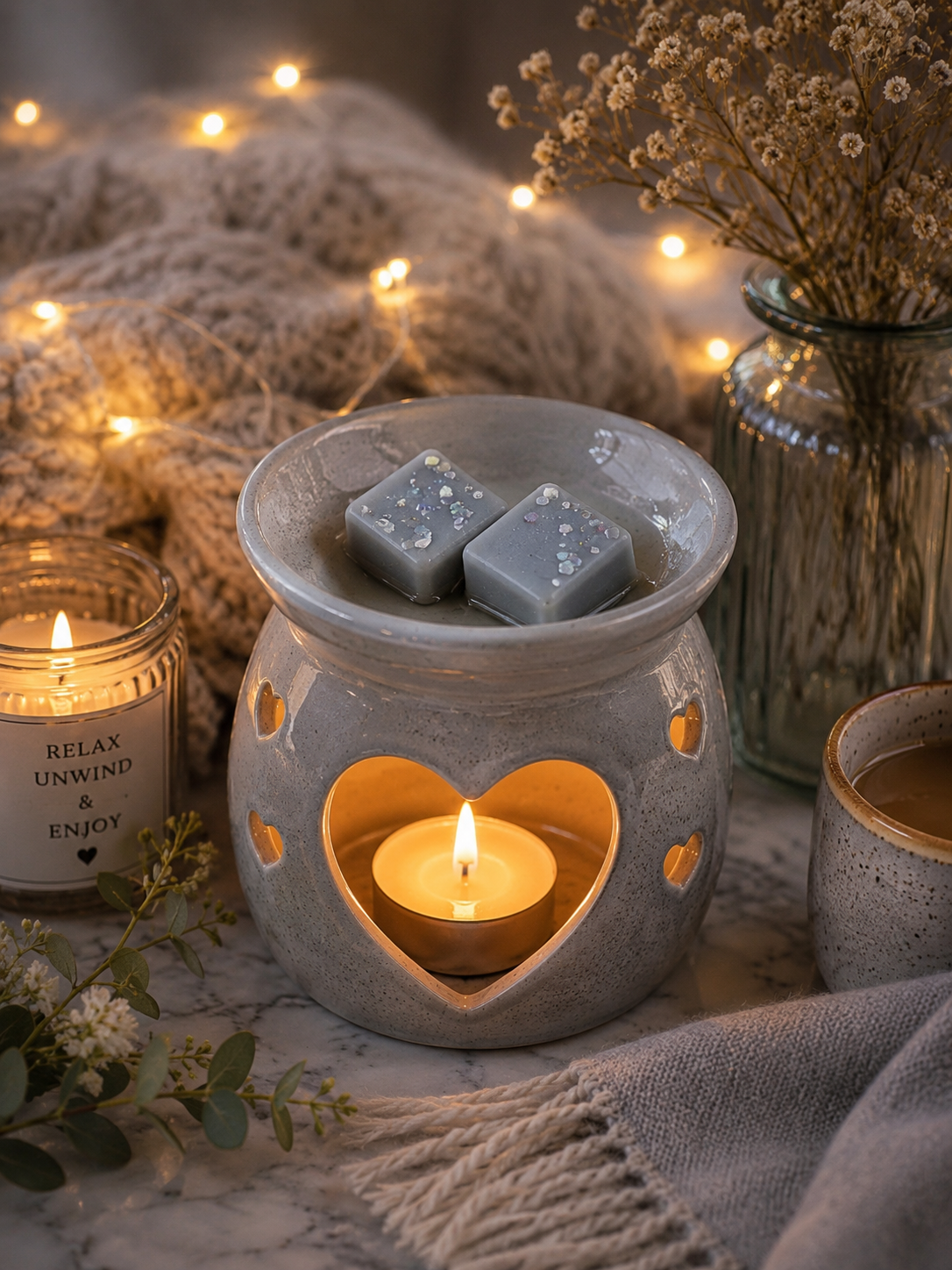 A ceramic wax warmer with a heart-shaped cutout, lit with a tealight candle inside, holding two gray wax melts. The scene is styled with cozy props including a candle jar, dried flowers in a glass vase, a knit blanket, and warm fairy lights in the background.