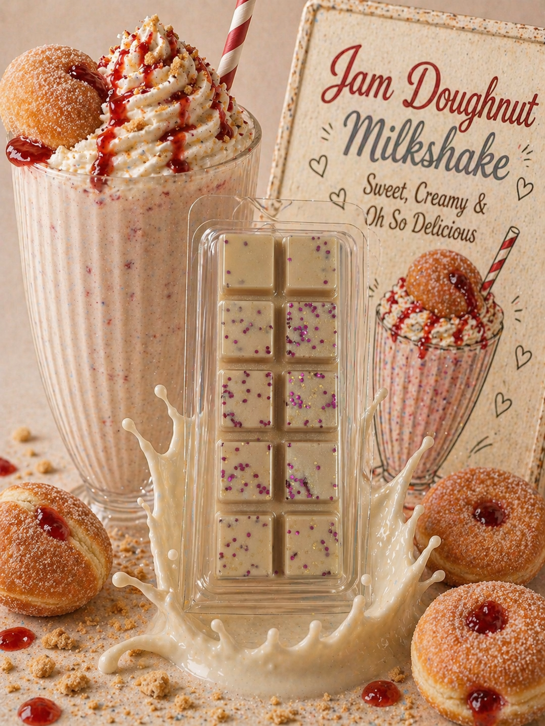 Wax melt bar with a glass of jam doughnut milkshake and donuts on a beige background.