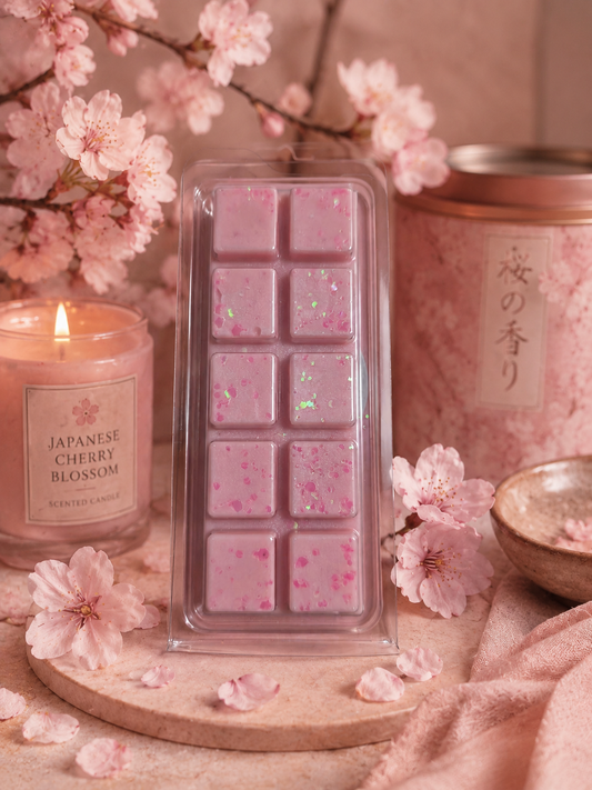 Pink wax melts with a lit candle labeled 'Japanese Cherry Blossom' and cherry blossoms in the background.