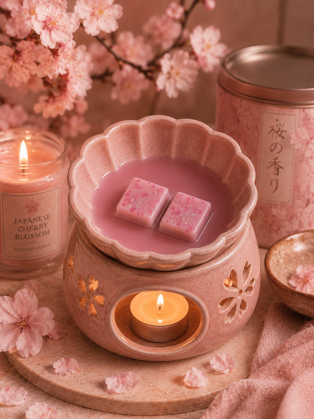 A pink ceramic wax warmer with a lit tea light candle inside, holding two pink cherry blossom wax melts. The scene is styled with a lit jar candle labeled 'Japanese Cherry Blossom,' a pink tin canister with Japanese text, and soft pink cherry blossoms in the background.