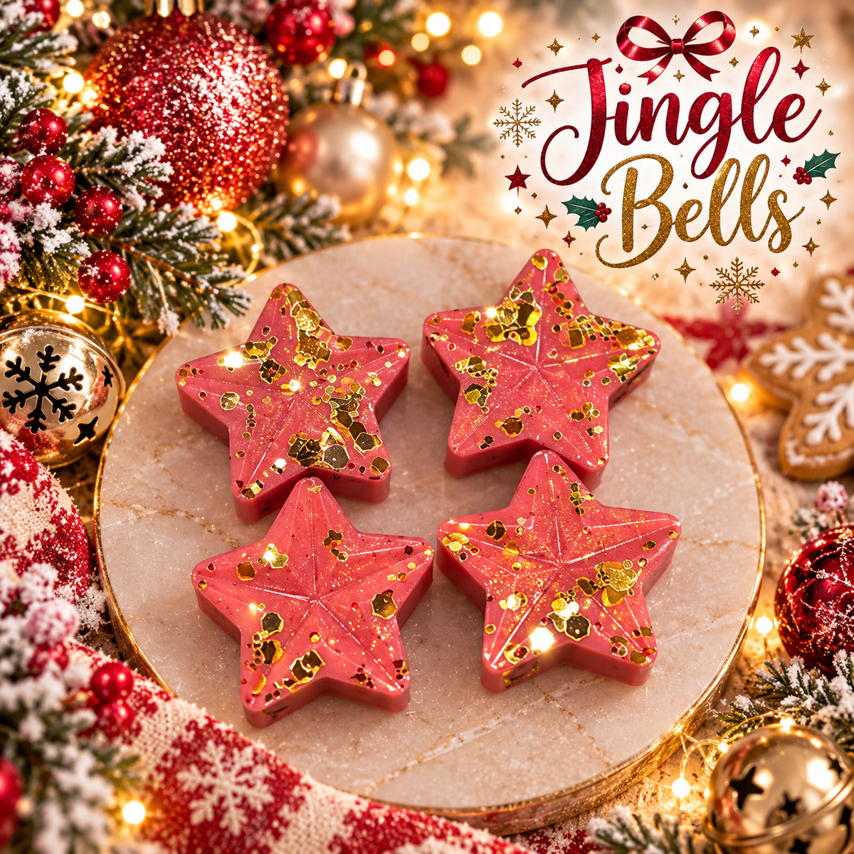 Jingle Bells scented soy star shape wax melts with festive background theme.