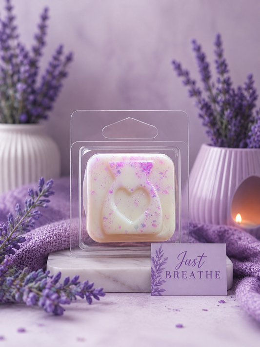 just breathe wax melt sample with relaxing lavender purple background.