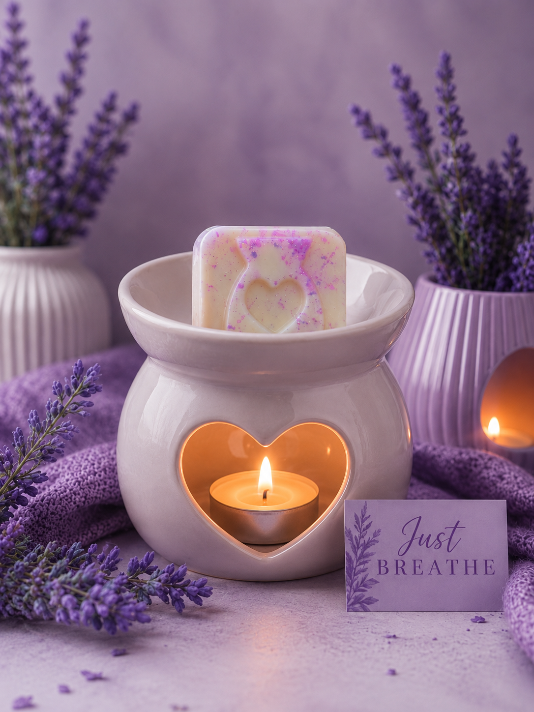 A white ceramic wax warmer with a heart-shaped cutout, lit with a small tealight candle inside, holding a rectangular soap bar with a heart motif. The scene is styled with lavender sprigs, purple fabric, and a card that reads 'Just BREATHE' against a soft purple background.