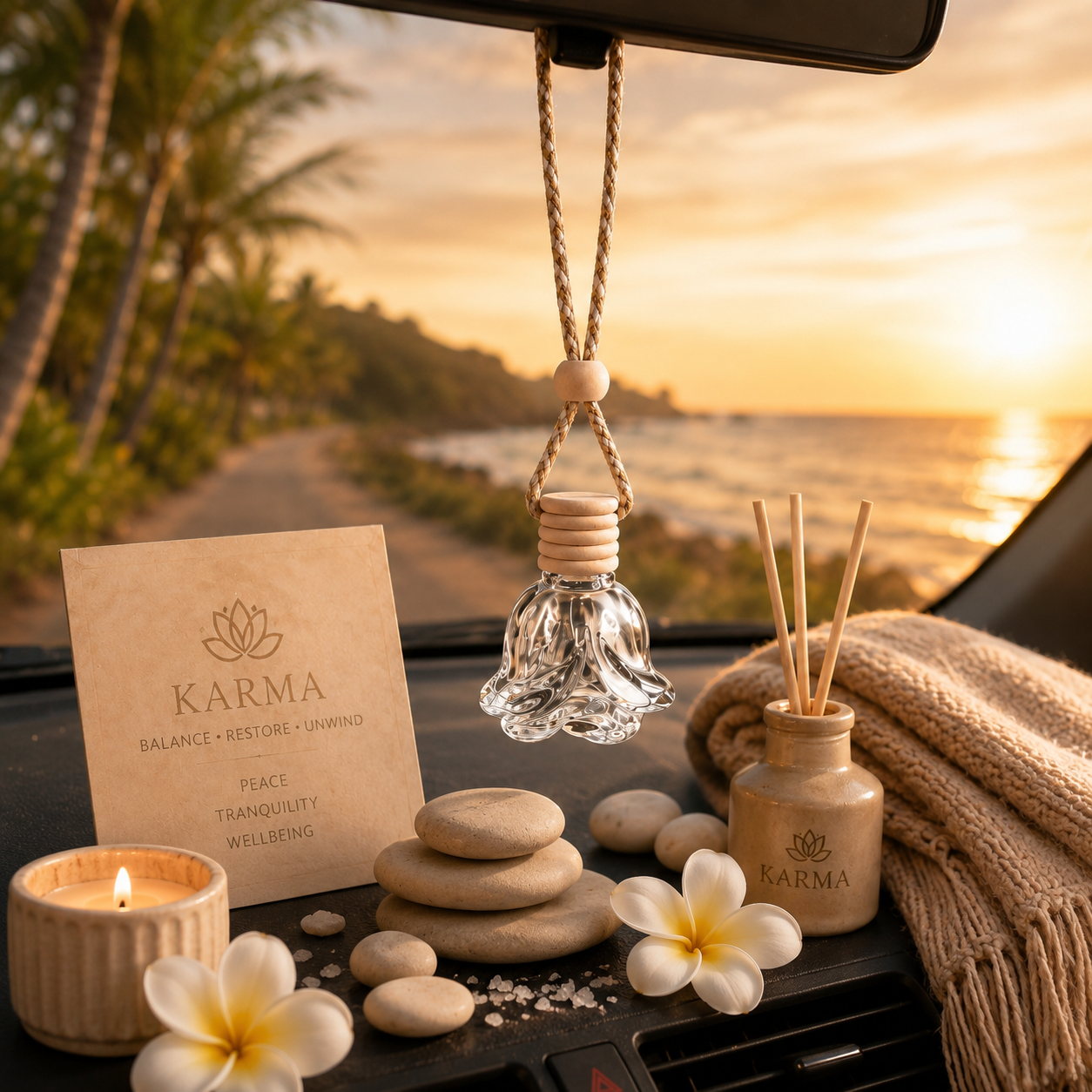 A car dashboard setup at sunset with spa-themed items: a KARMA branded diffuser bottle with reeds, a hanging glass bead ornament, a small candle, a card reading KARMA, smooth stones, white flowers, and a knitted blanket, with the ocean and palm trees visible through the windshield.