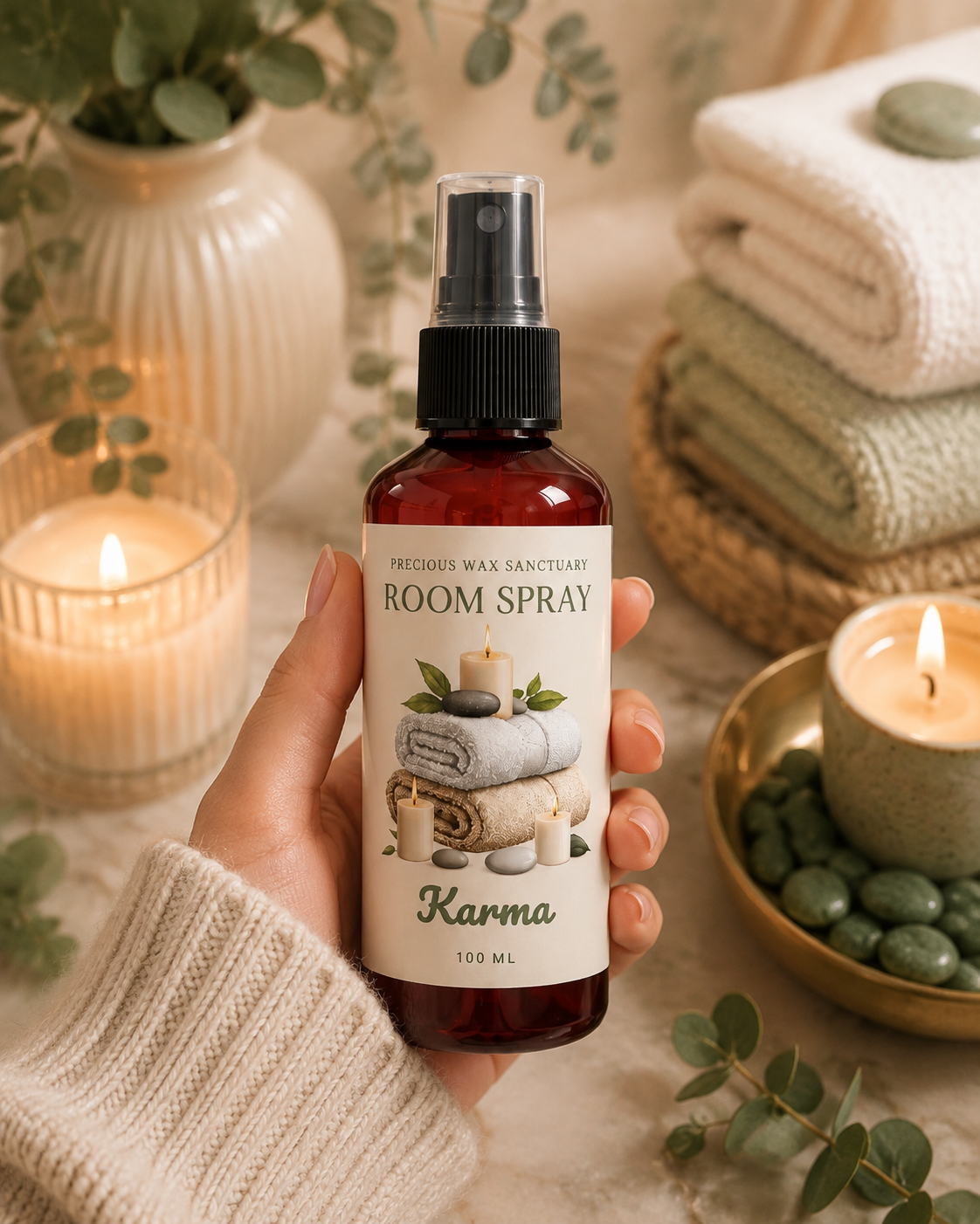 A hand holds a bottle of Karma Precious Wax Sanctuary Room Spray in a warm, spa-like setting with folded towels, candles, and green stones.