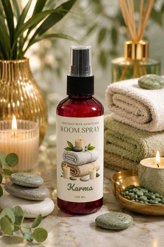 A 100 ml bottle of Karma Premium Wax Sanitary Room Spray stands in a beautifully styled spa-themed setting with folded towels, candles, stones, and a reed diffuser.