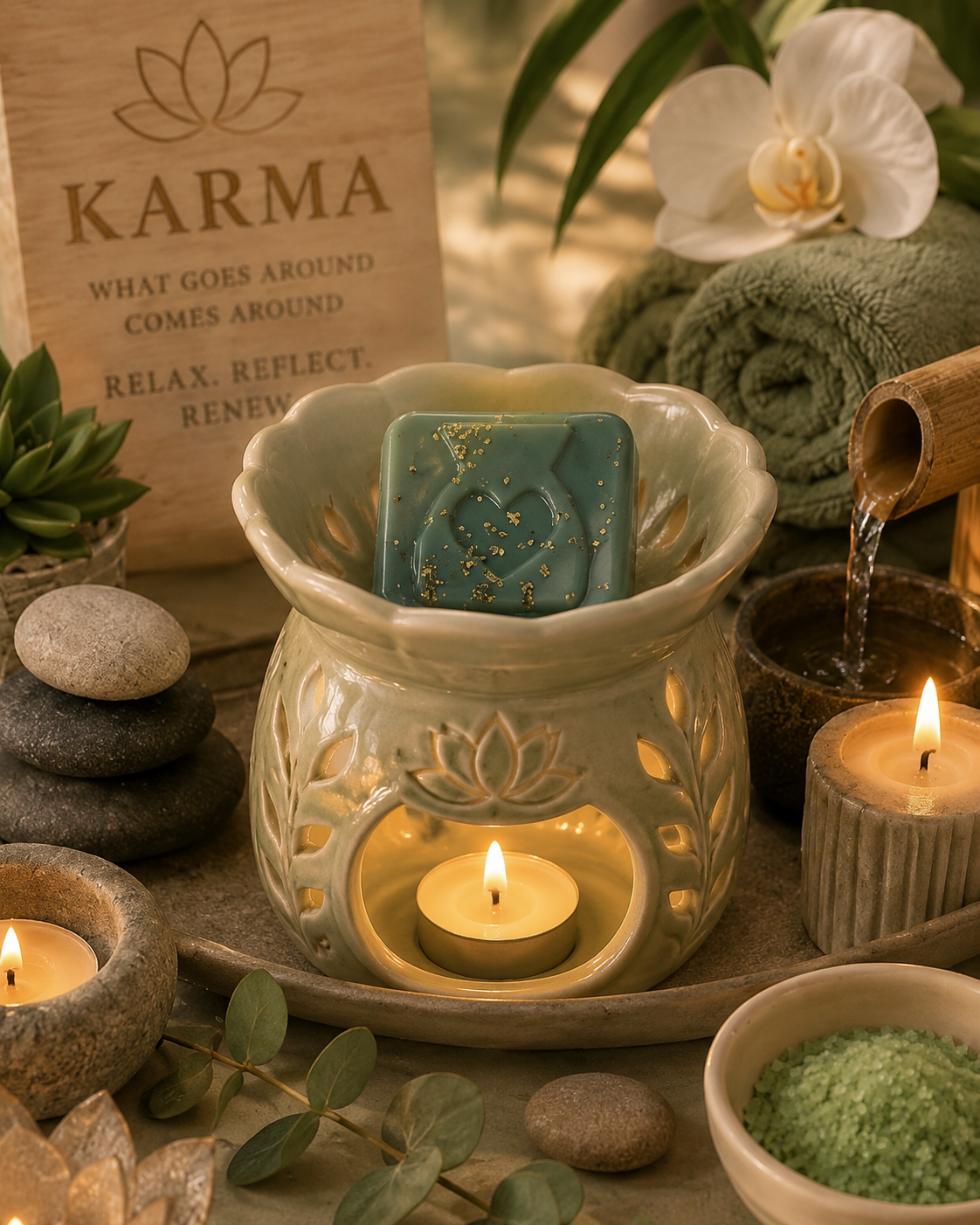 Karma green wax melt sample in burner with spa background theme. 
