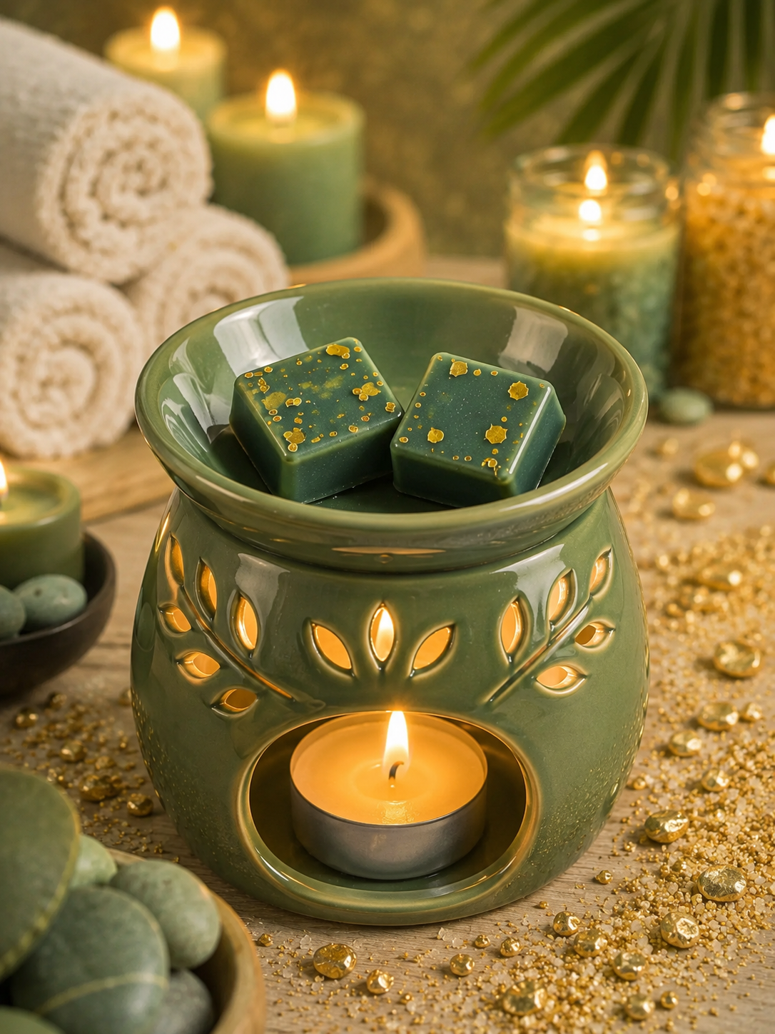 karma green wax melts in burner with spa background theme.