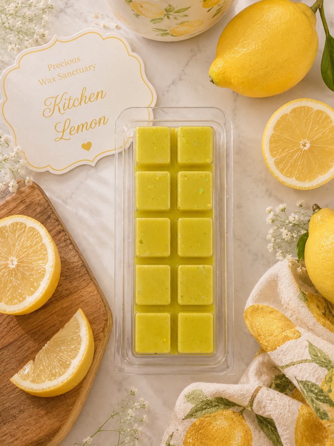 A packaged wax melt of kitchen lemon wax melts sits on a light marble surface surrounded by lemons, lemon slices, a wooden cutting board, and a branded card that reads Precise Wax Summary Kitchen Lemon.