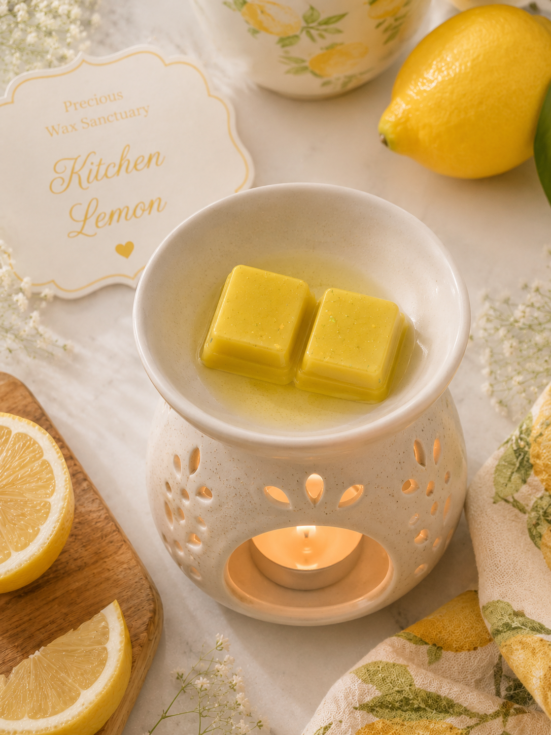 Kitchen Lemon Wax Melt, melting in burner with kitchen lemon theme.
