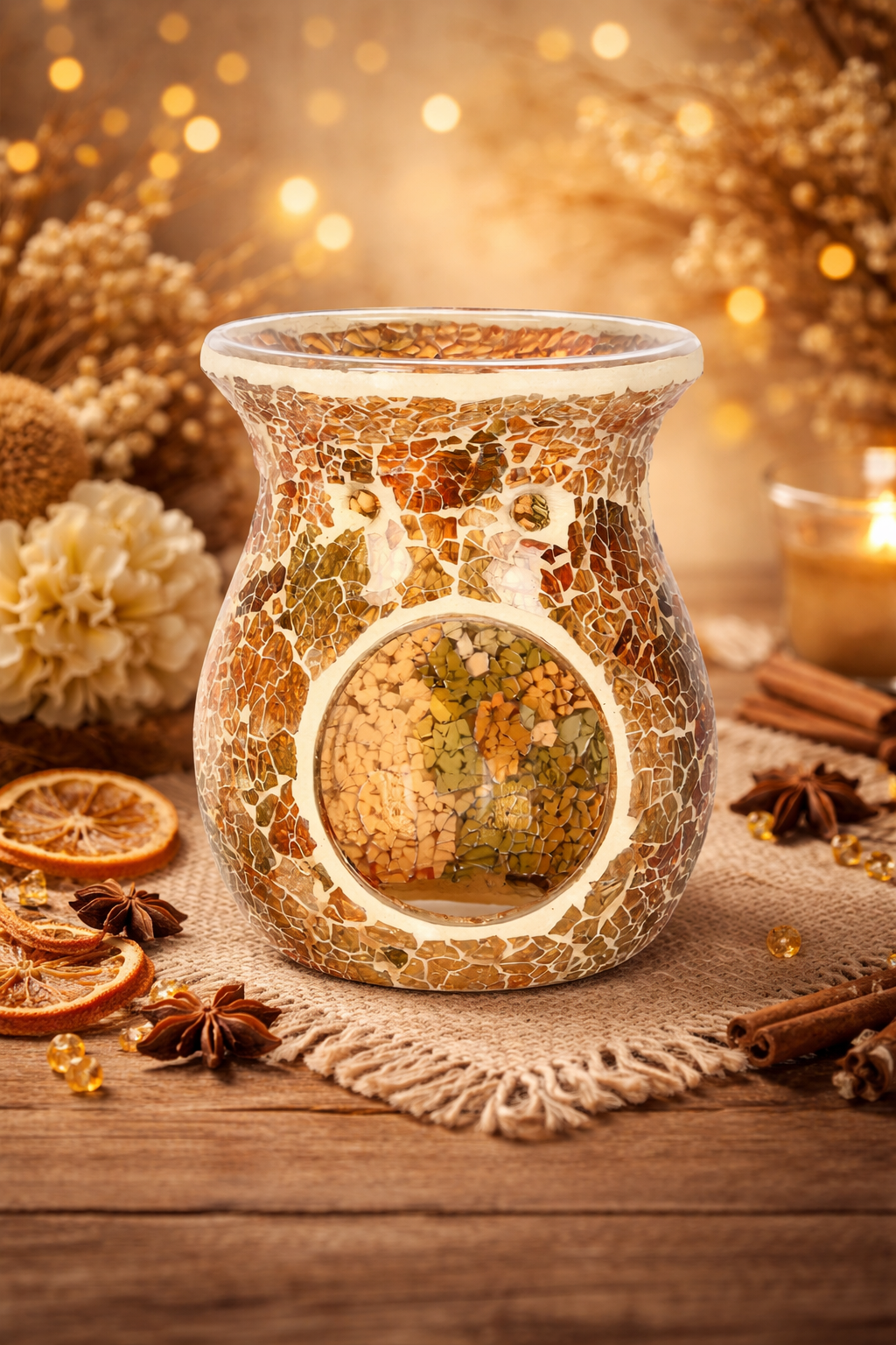 Decorative wax warmer with cracked glass design on a wooden surface with candles and cinnamon sticks.