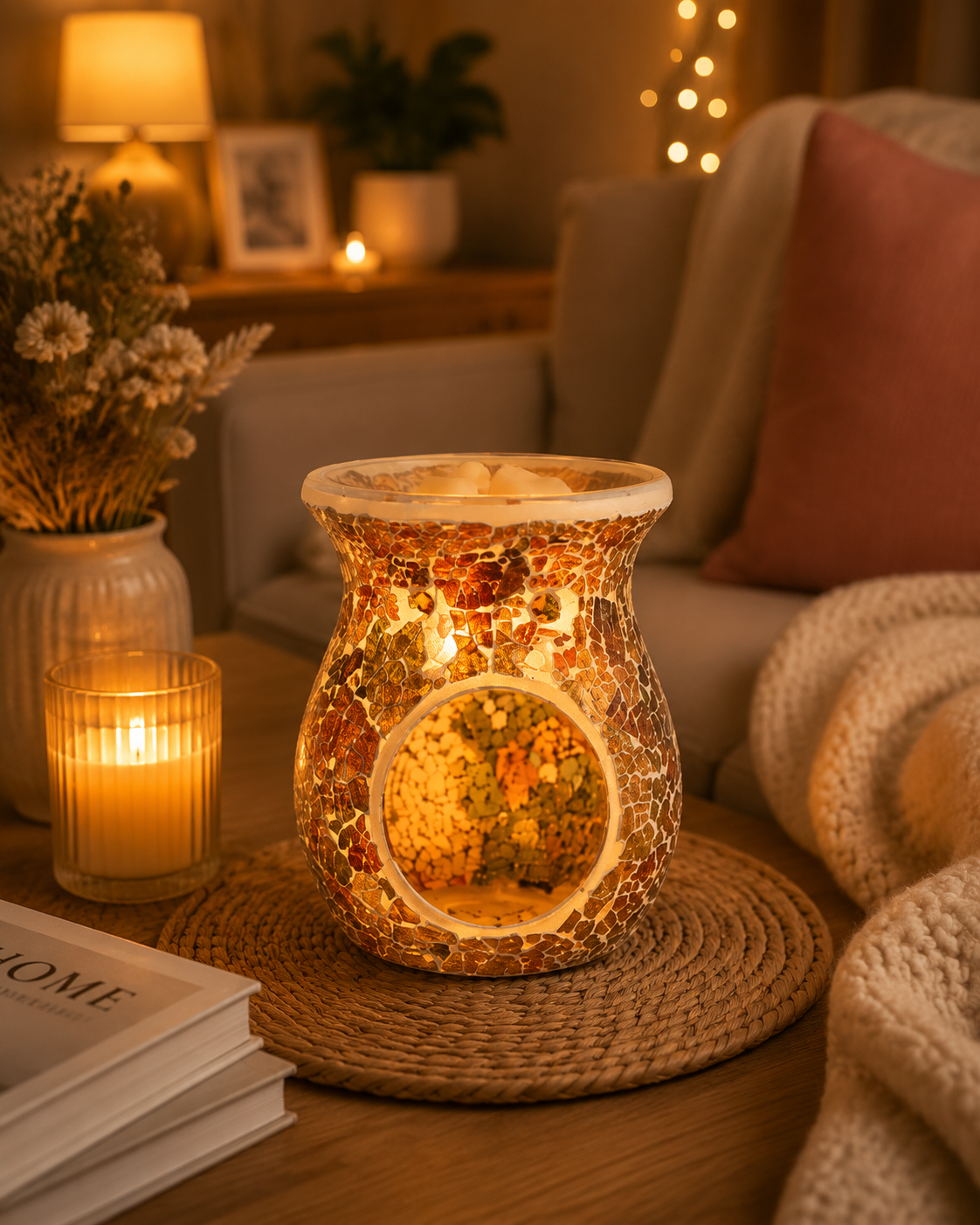 Brown crackle wax and oil warmer in cosy autumn home