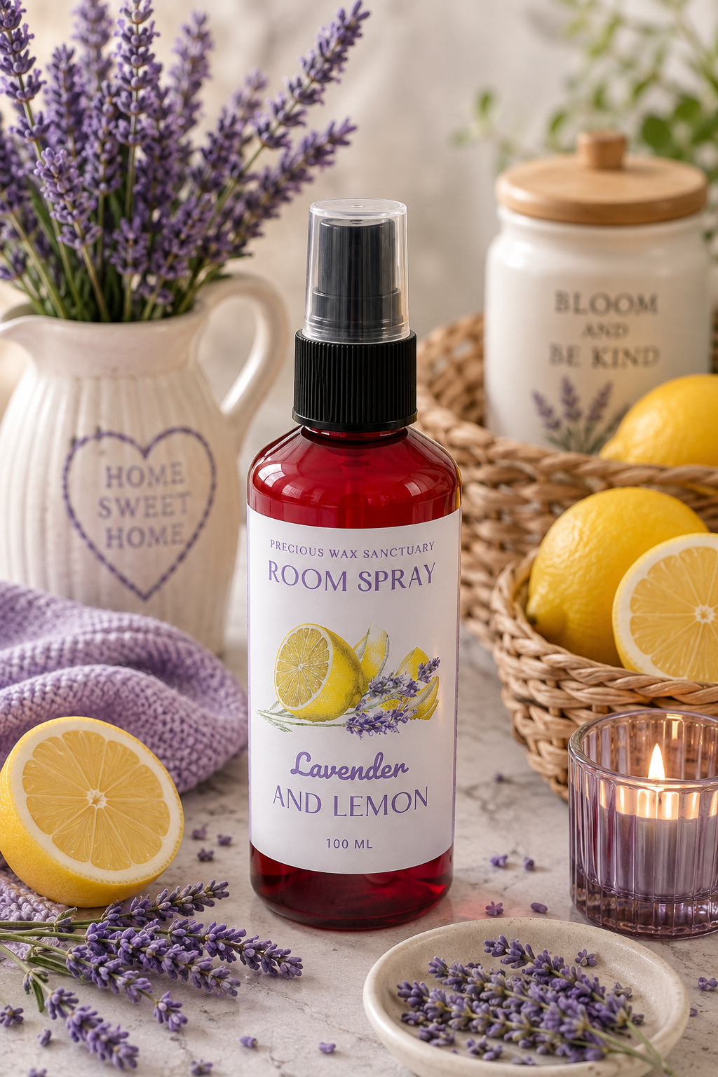 A bottle of Lavender and Lemon room spray by Decorum Wax Sanctuary, styled with lavender flowers, lemons, a candle, and decorative jars on a light marble surface.