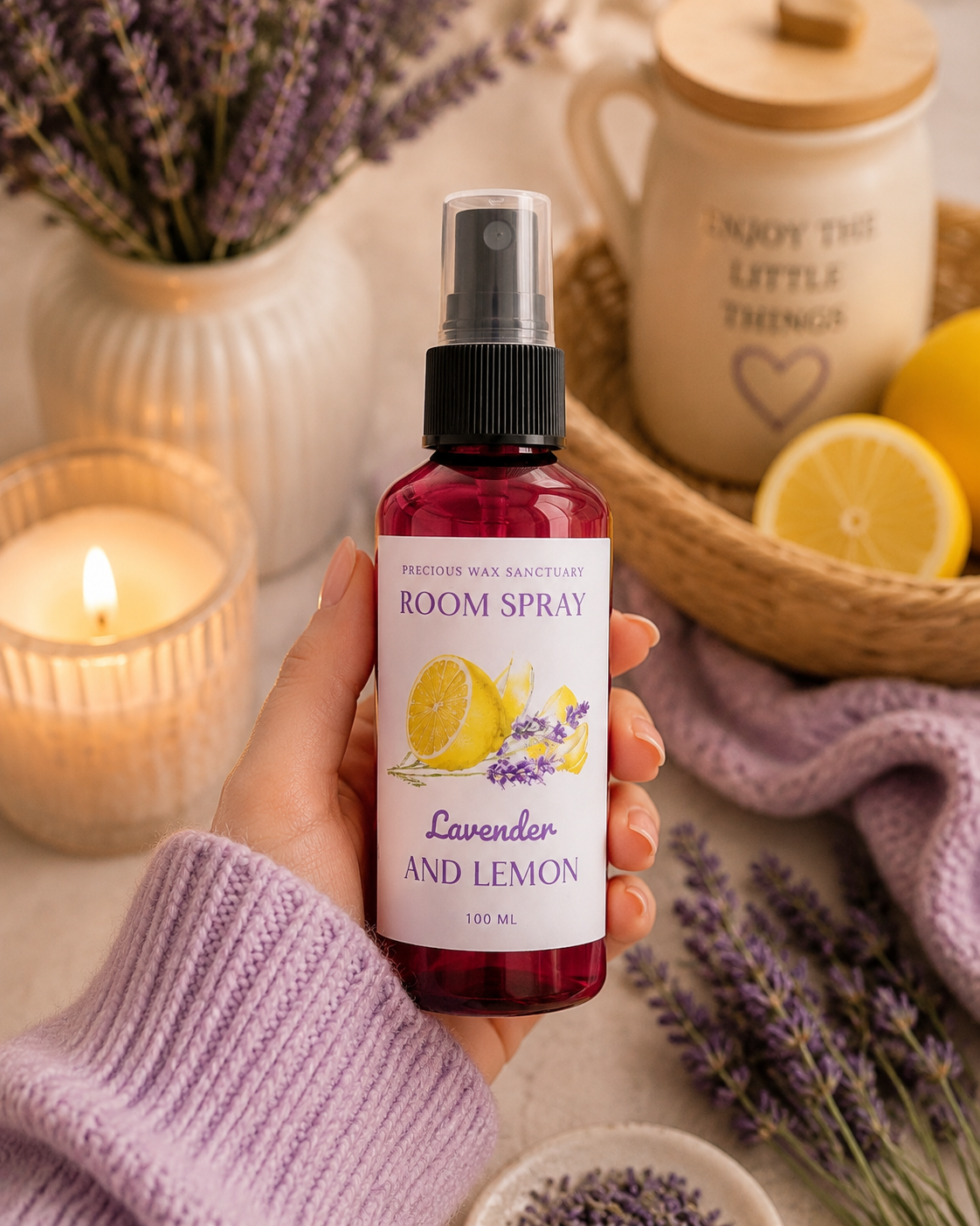 A hand in a lavender knit sweater holds a 100ml room spray bottle. The bottle is made of dark red glass with a black spray cap and a white label featuring yellow lemon illustrations and purple text reading 'Lavender and Lemon'.