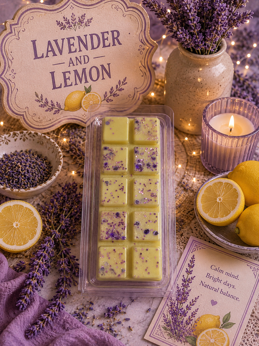 Lavender and Lemon themed wax melt with candles, lemons, and lavender flowers on a decorative background.