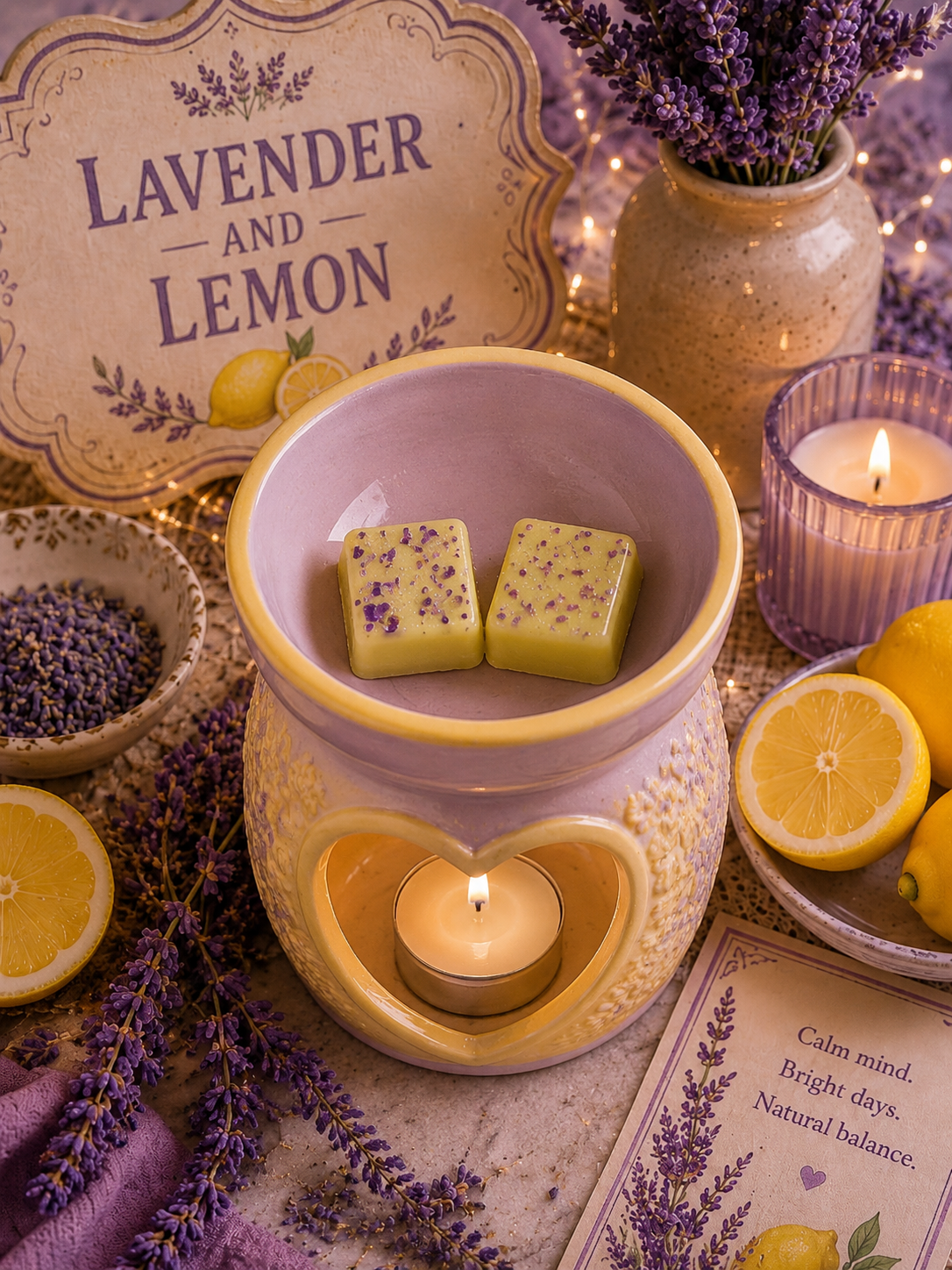 Lavender and lemon scented wax melts in a lavender and lemon themed setting with a lavender and lemon electric wax warmer, candles, fresh lemons, and lavender sprigs.