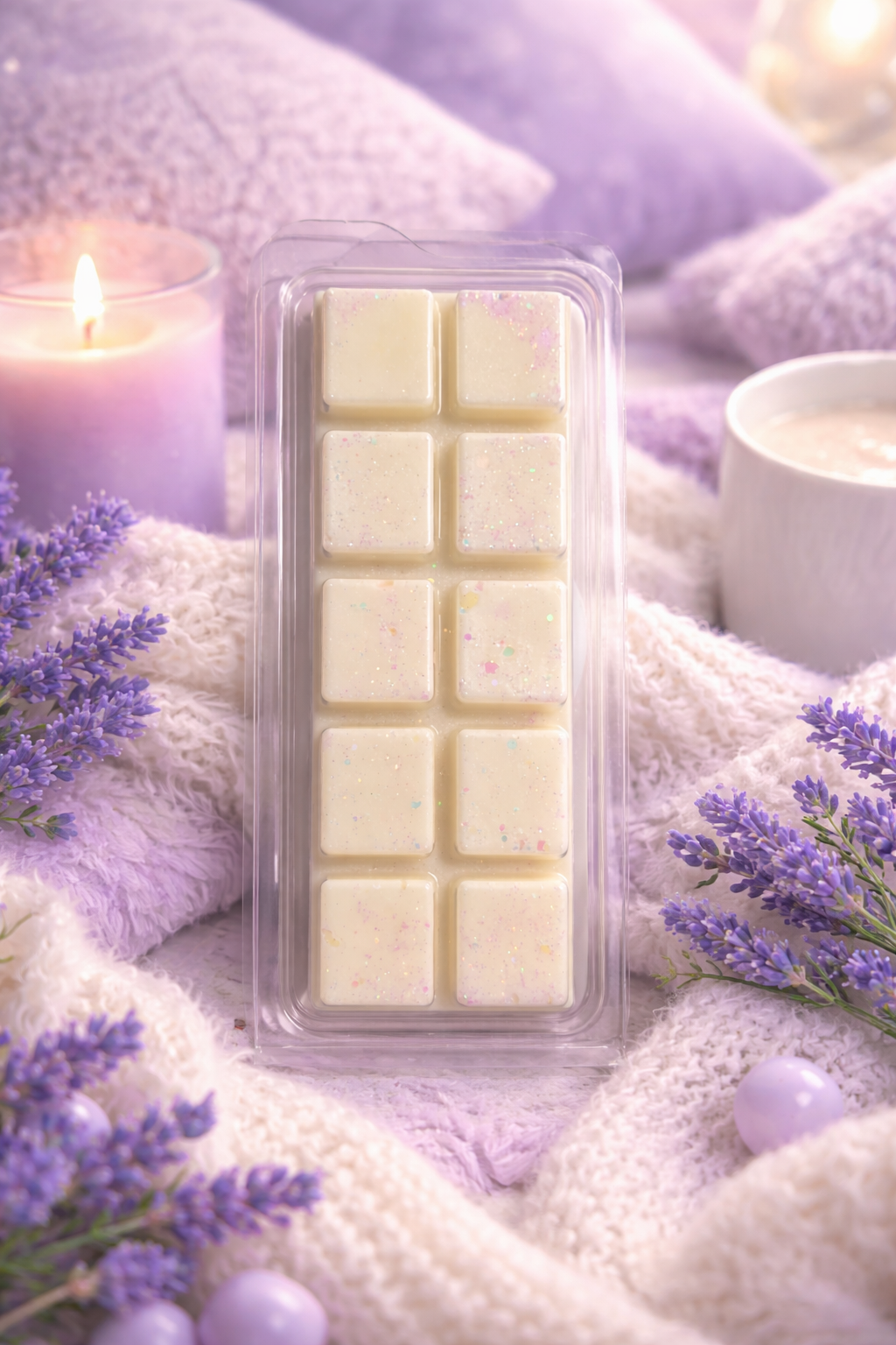 Pack of wax melts with lavender flowers and candles on a soft fabric background