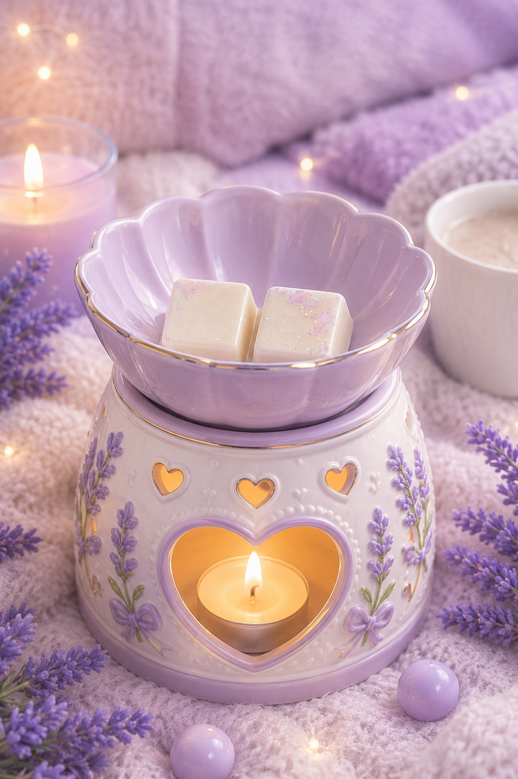 Lavender ceramic wax warmer with a heart-shaped candle holder and two wax cubes, styled on a soft blanket with lavender sprigs and candles.