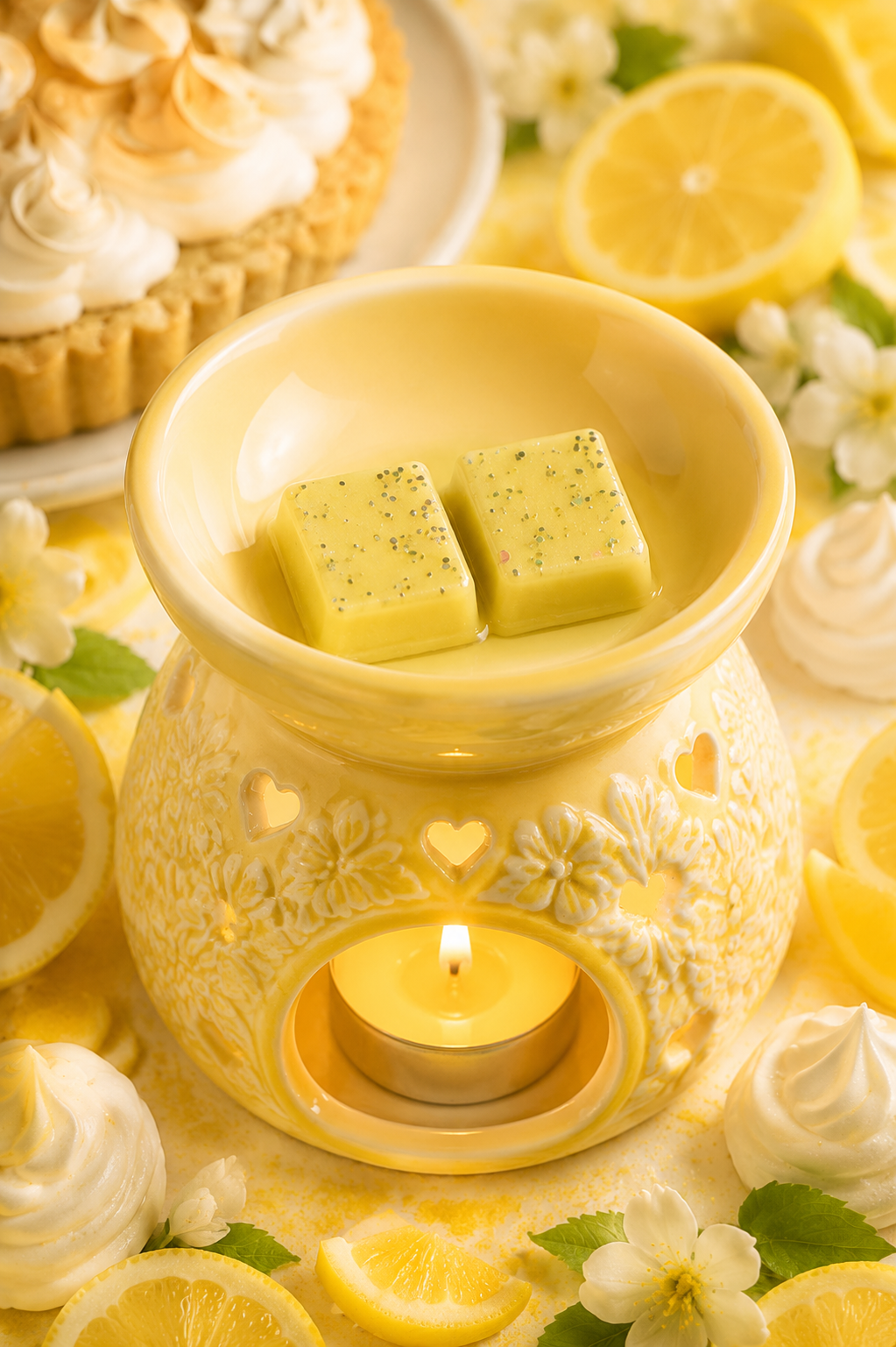 Lemon meringue wax melts in yellow burner with matching background theme.