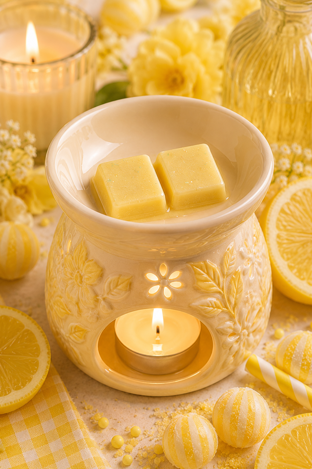 Lemon sherbets wax melts in burner surrounded by lemon sweets and sherbet.
