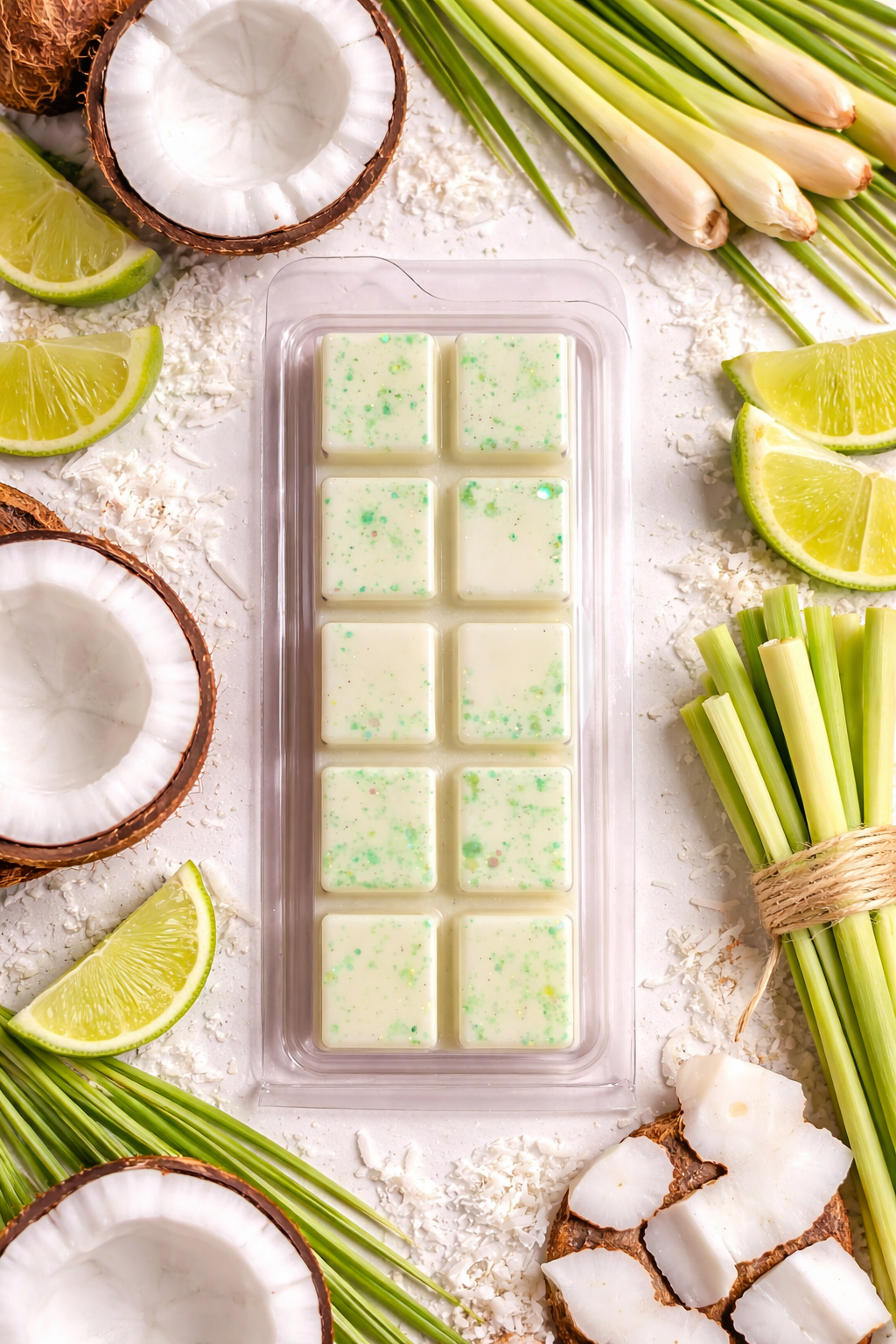 Packaged green wax melt bar with coconuts, lime slices, and lemongrass on a white surface
