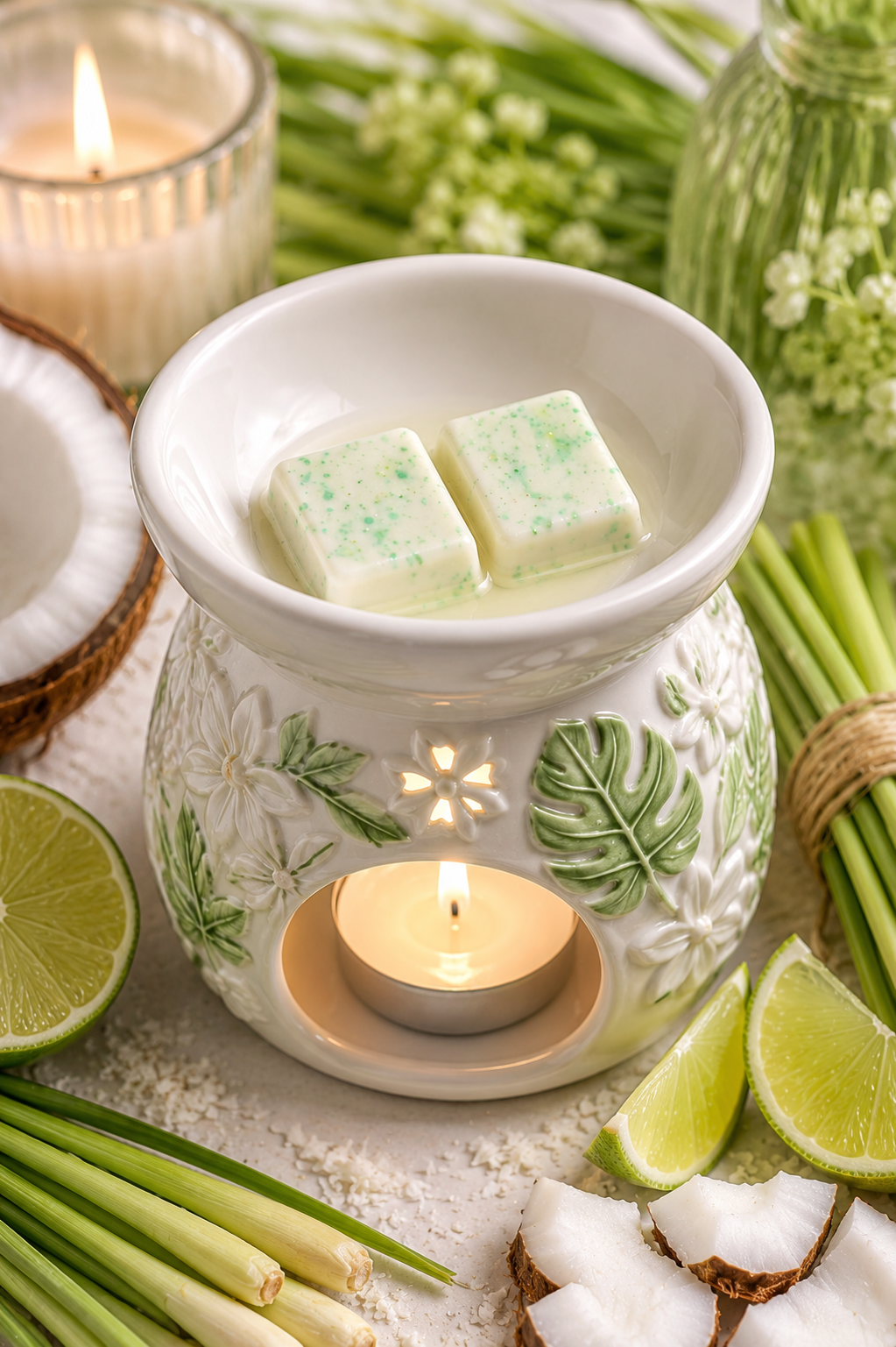 Wax melts in burner with coconut and lime background theme.