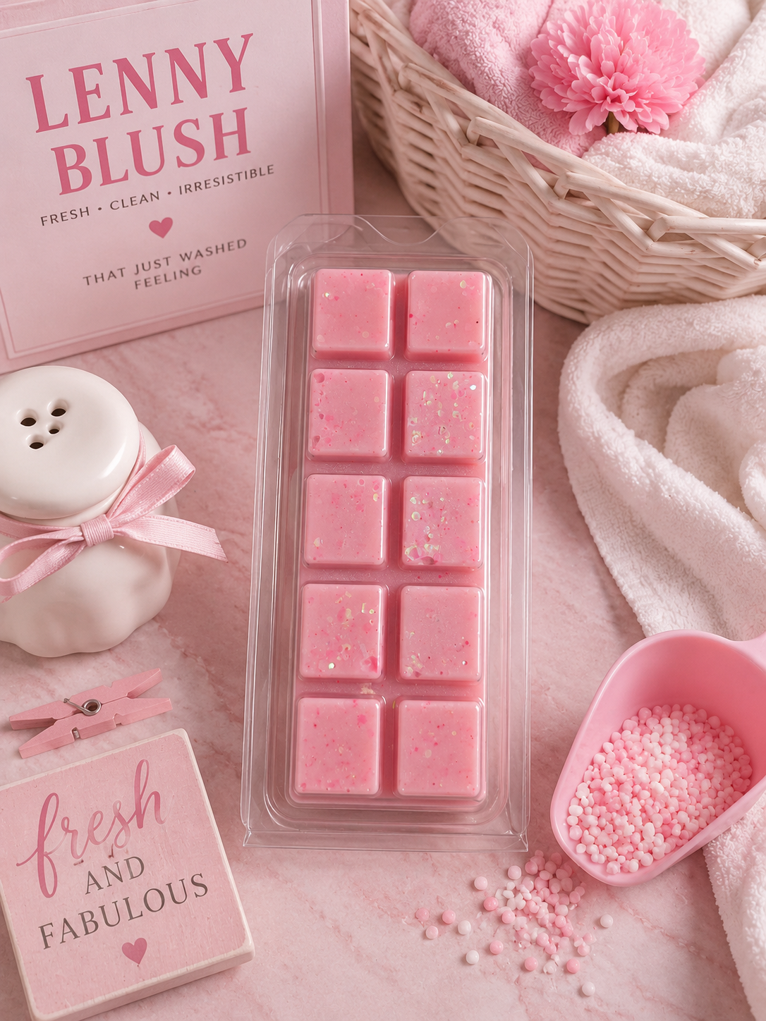Pink rectangular wax melts in a clear plastic clamshell package, styled on a pink surface with a pink box reading 'LENNY BLUSH,' a white ceramic jar with a pink ribbon, a basket with pink towels and flower, and a pink scoop of decorative sprinkles.