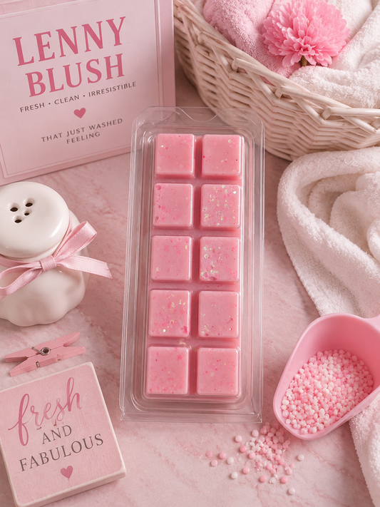 Pink rectangular wax melts in a clear plastic clamshell package, styled on a pink surface with a pink box reading 'LENNY BLUSH,' a white ceramic jar with a pink ribbon, a basket with pink towels and flower, and a pink scoop of decorative sprinkles.