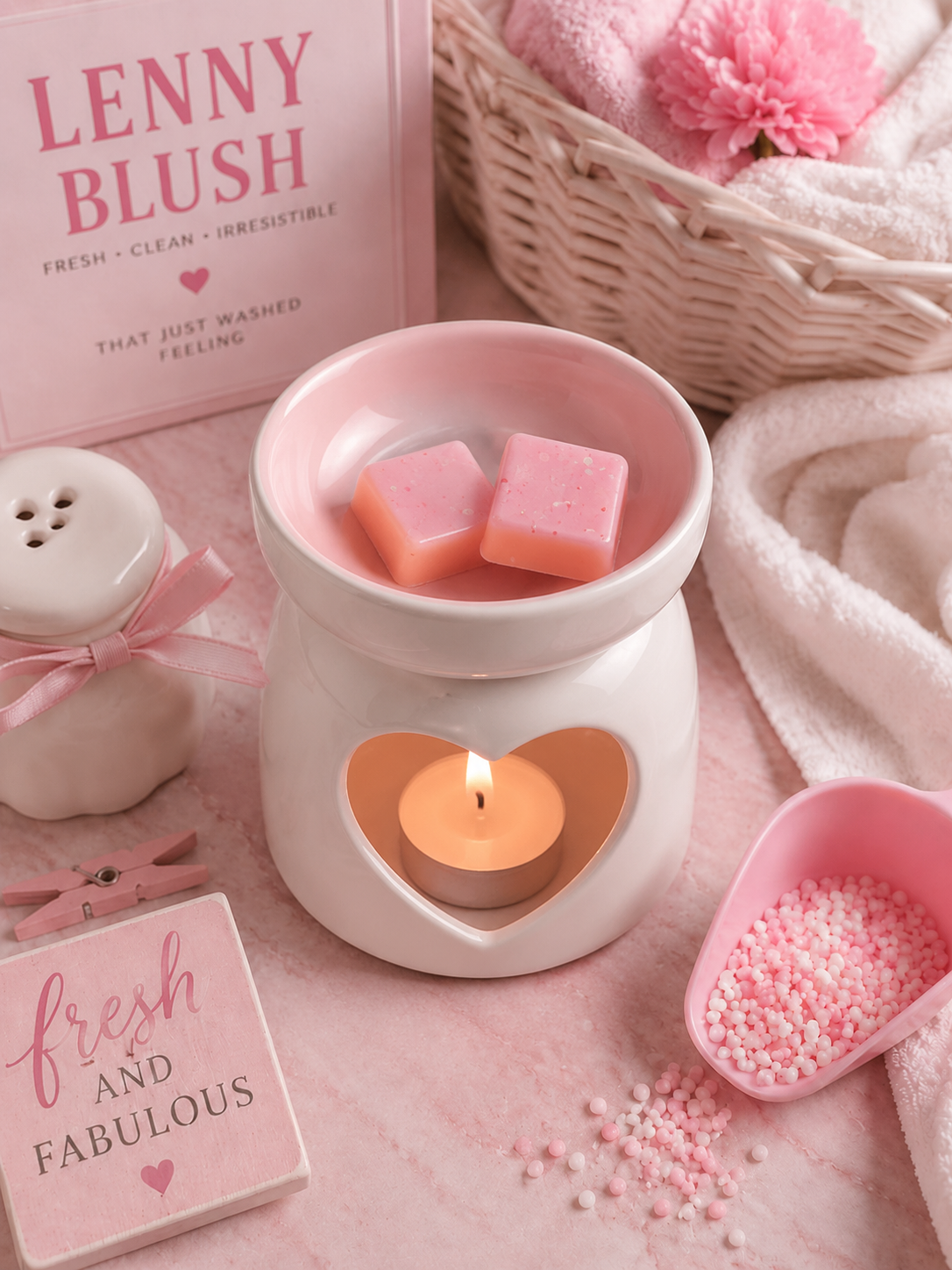 A pink and white wax warmer candle holder with a lit tealight candle inside, styled with pink bath-themed props including a soap dish, decorative beads, a wicker basket, and a pink book in a soft pastel setting.